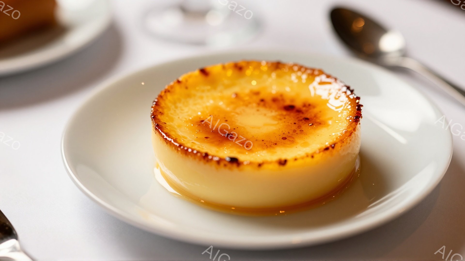 白い皿に、表面がキャラメリゼされたクレームブリュレが置かれています。キャラメルは焦げ茶色で、ところどころに濃い斑点がみられ、クリームは淡い黄色で滑らかに見えます。背景は白いテーブルクロスで、左上に別の皿、右には銀色のスプーンがわずかに見え、上品で落ち着いた雰囲気が漂っています。