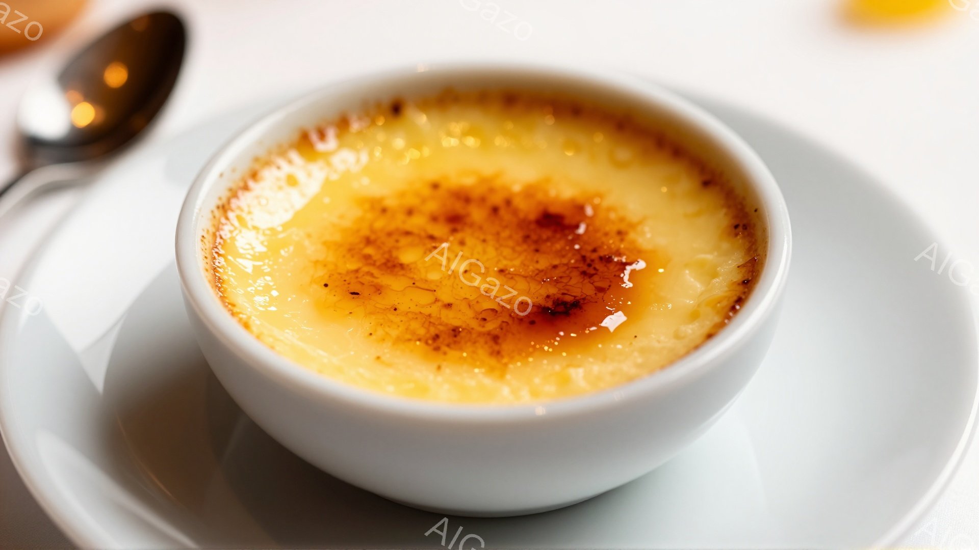 白い器にキャラメリゼされた表面を持つクレーム・ブリュレが中央に配置されています。表面は金茶色でひび割れがあり、甘くて香ばしい香りが想像できます。背景には白っぽいテーブルクロスと、ぼやけた銀色のスプーンの一部が見え、上品で落ち着いた雰囲気を醸し出しています。