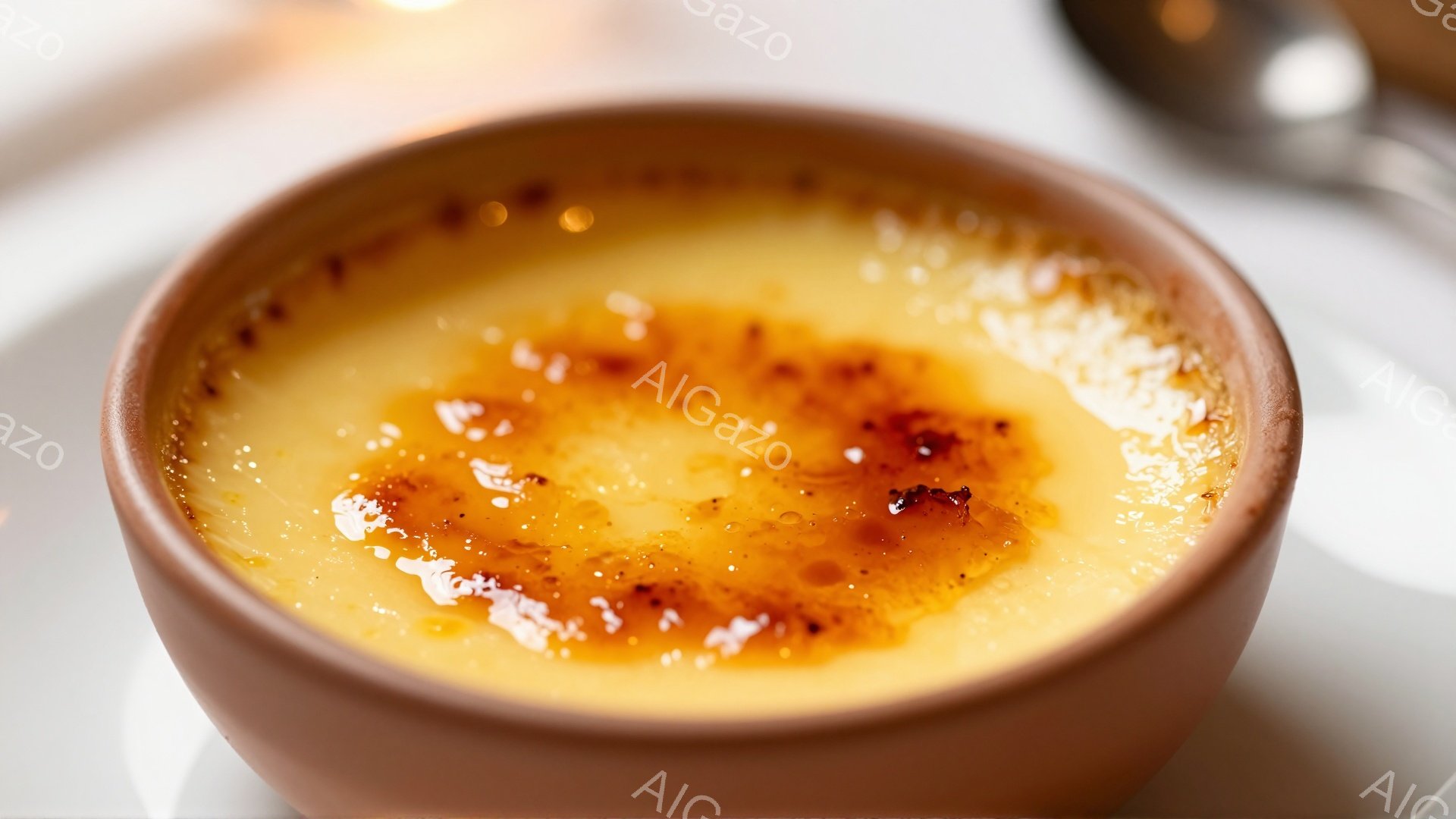 焦げたカラメルの表面が特徴的なクレームブリュレが、陶器製の浅い器に盛り付けられています。表面には、焦げ目の濃淡が美しく、食欲をそそります。背景は白く、浅い焦点深度で、クレームブリュレが際立っており、温 - AI生成フリー素材