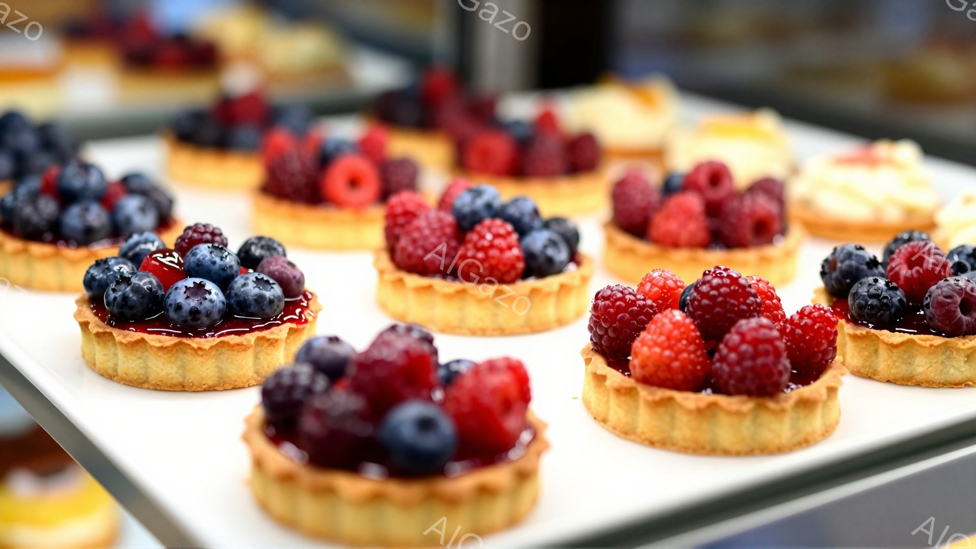 鮮やかなラズベリーとブルーベリーがぎっしりとトッピングされた、小さくて可愛いタルトが並べられています。タルト生地は黄金色でサクサクとした食感を想像させ、フルーツの赤と青が美しいコントラストを生み出しています。白いトレイに並べられたタルトは、まるで宝石箱のように輝き、食欲をそそる甘い香りが漂ってくるようです。