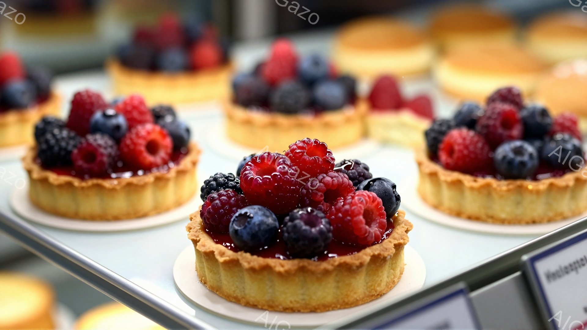 画像には、たくさんのベリーがトッピングされた小さなタルトが並べられています。タルトは、輝くグレーズで覆われ、ラズベリーやブルーベリーなどの色鮮やかなベリーが美しく盛り付けられています。タルトは白い皿に乗せられ、ショーケースの中に展示されており、美味しそうな雰囲気です。