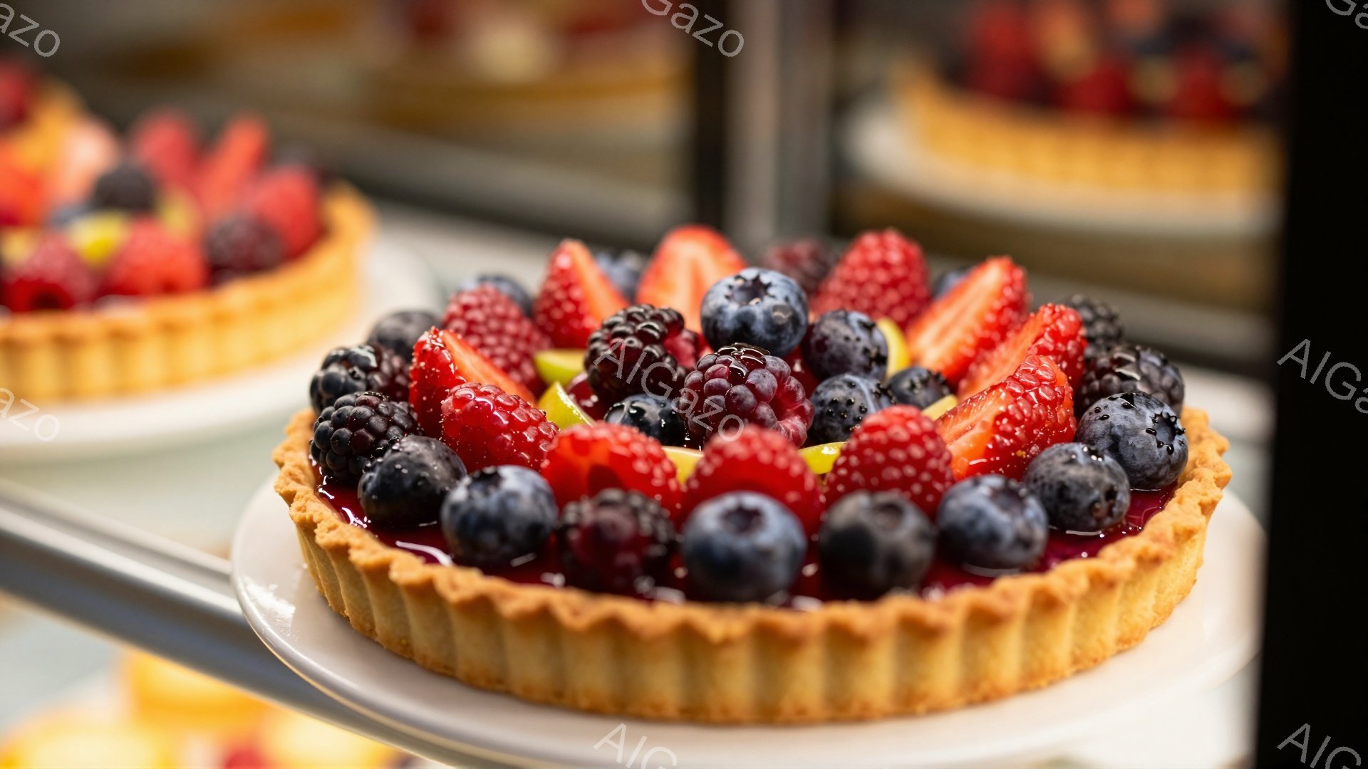 鮮やかな色のベリーがたっぷりと乗ったタルトが、白い皿に乗って並べられています。タルト生地は黄金色でサクサクとした食感を想像させ、背景には同じようにベリーが飾られたタルトがぼんやりと見えます。明るい照明と鮮やかなフルーツの色が、美味しさを引き立てる、魅力的なスイーツの光景です。