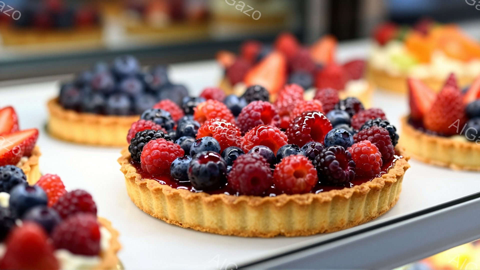 焼き菓子の一種であるタルトが、ショーケースの中に整然と並んでいます。赤く熟したラズベリーやブルーベリー、ブラックベリーなどがたっぷりと盛り付けられ、美しい色彩と瑞々しさを際立たせています。タルト生地は黄金色でサクサクとした食感が想像でき、甘くて贅沢なデザートタイムを予感させます。