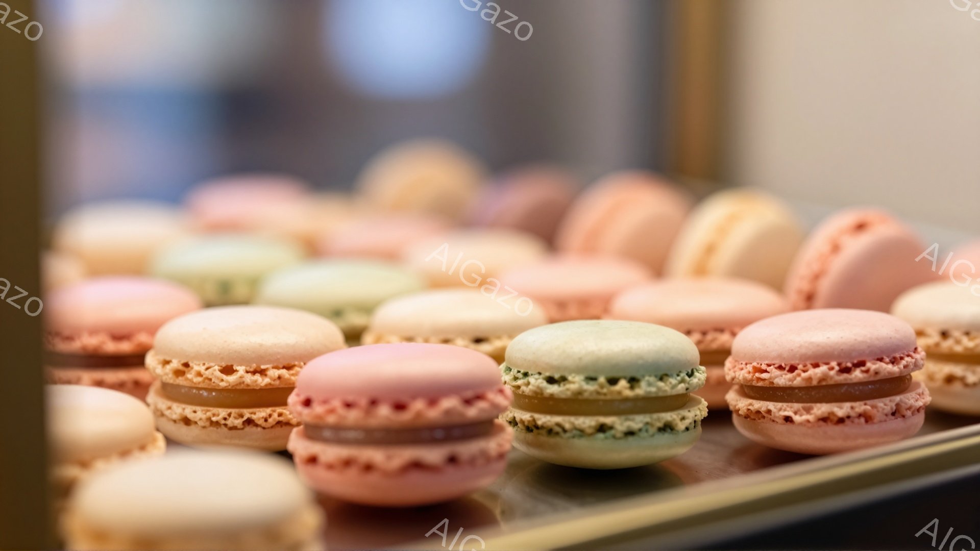 様々なパステルカラーのマカロンが、整然と並べられています。クリーム色がかったピンク、薄い緑、淡いオレンジなど、繊細な色彩が食欲をそそります。背景はぼやけており、ショーケースの中である様子が伺えます。