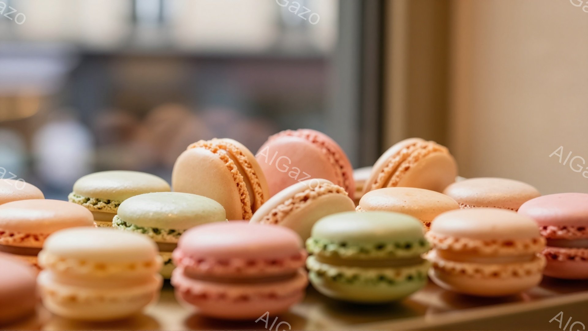 パステルカラーのマカロンが密集して並べられています。ピンク、オレンジ、グリーン、ベージュなどの優しい色合いが目を楽しませ、繊細な焼き菓子であることがわかります。背景はぼやけていますが、明るい光が差し込み、温かみのある雰囲気が漂っています。
