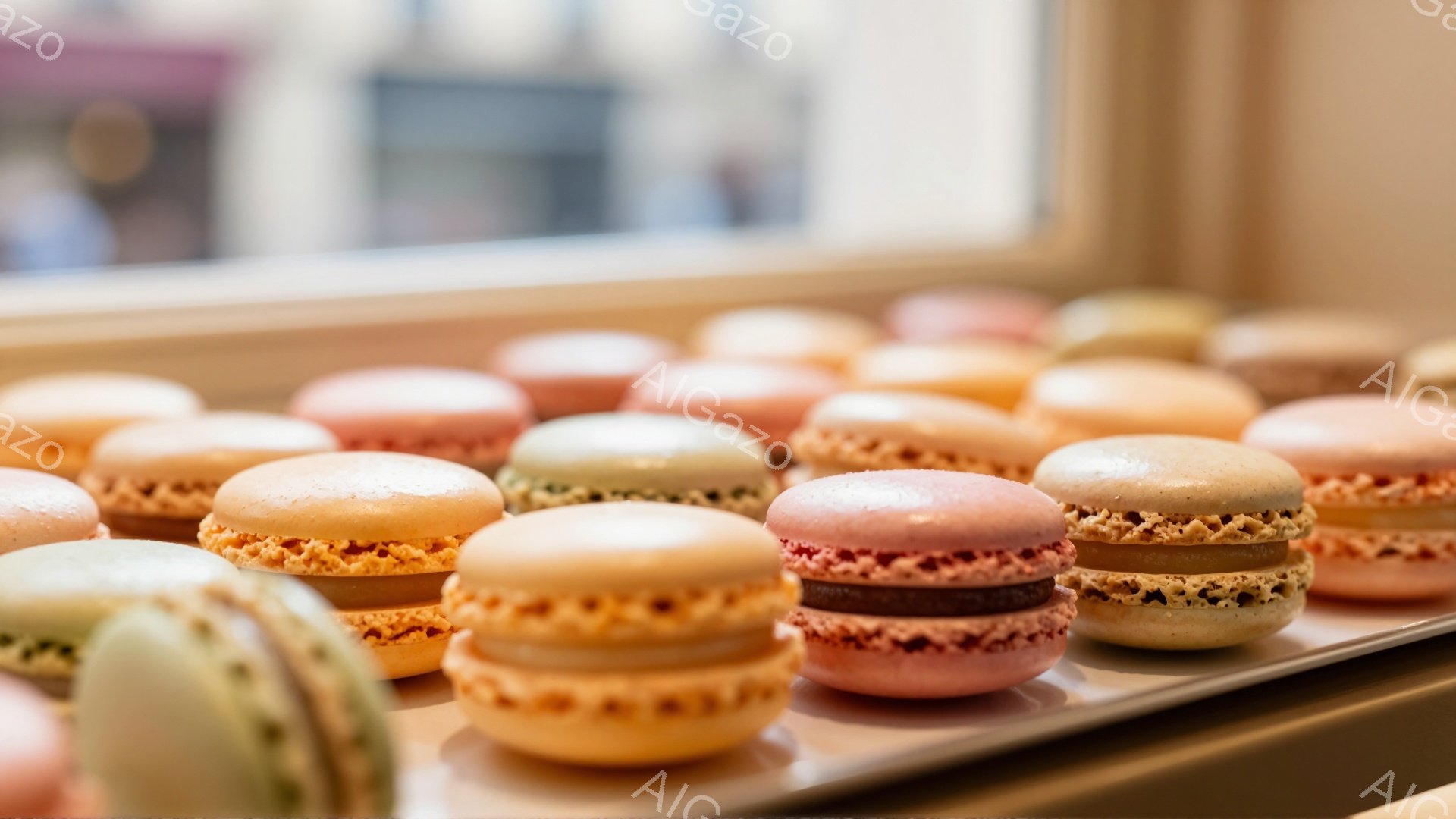 色とりどりのマカロンが金属製のトレイに整然と並べられています。淡いオレンジ、ピンク、グリーン、ベージュなどの優しい色合いが特徴で、それぞれが繊細な層構造を持っています。背景はぼやけていますが、明るい光が差し込み、マカロンの甘くて可愛らしい雰囲気を強調しています。