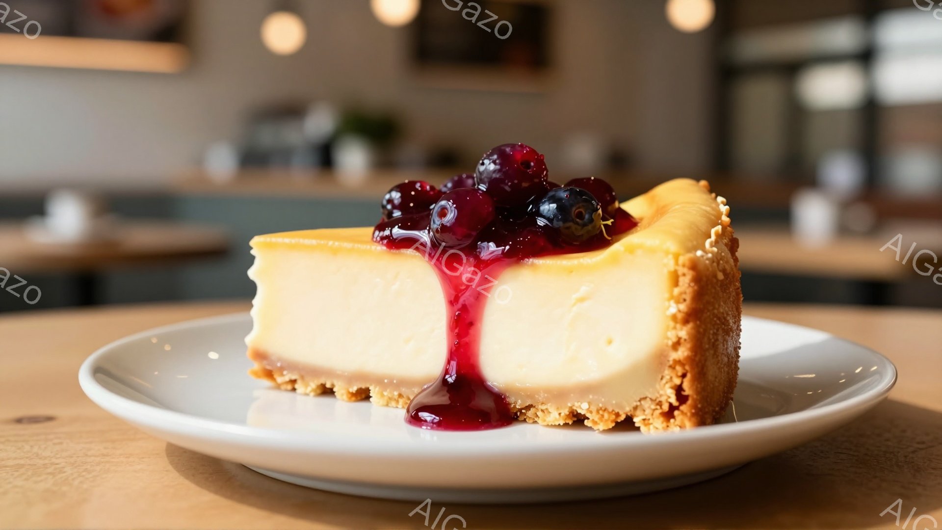 白い皿の上に、切り分けたチーズケーキが置かれています。ケーキはクリーム色で、赤いベリーソースがたっぷりとかけられています。背景はぼやけていますが、カフェのような、木製のテーブルと椅子が見え、温かい雰囲気です。