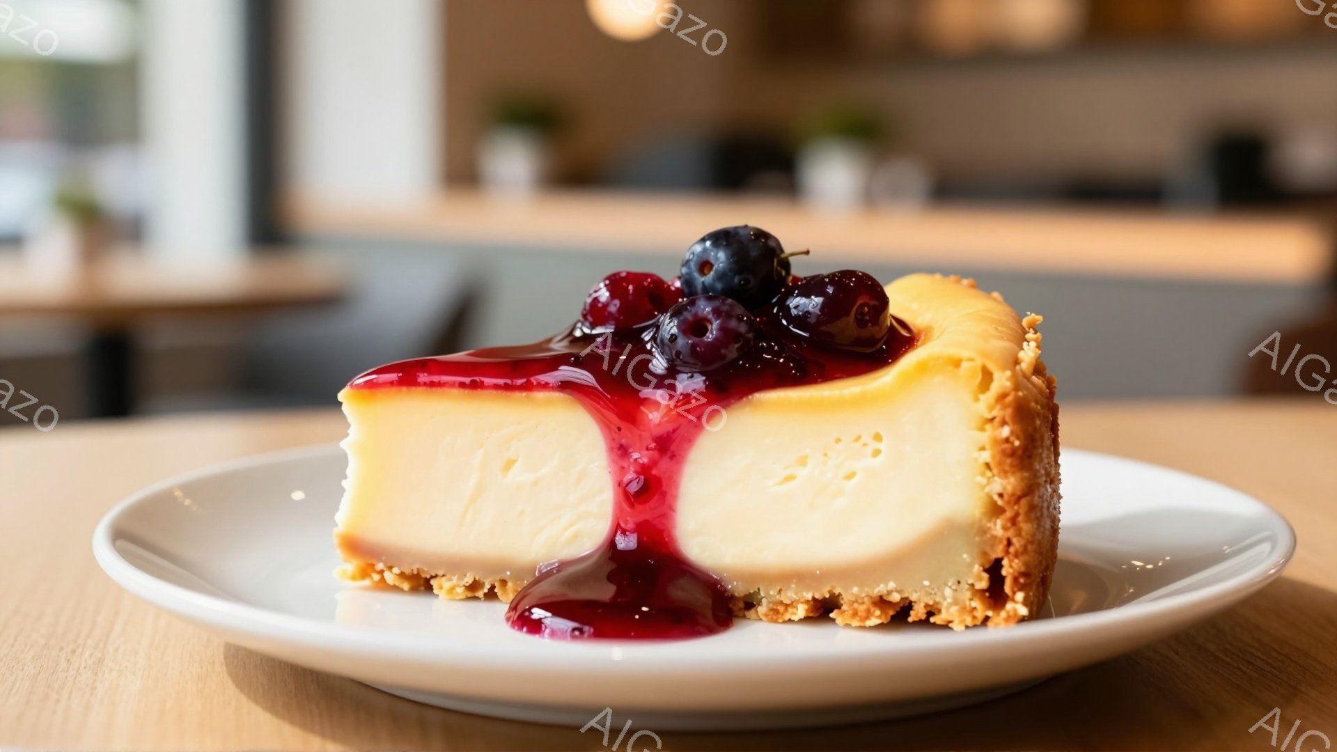 白い皿に盛り付けられたチーズケーキのスライスが写っている。ケーキは黄金色のクラストの上に、滑らかでクリーミーなフィリングが乗っており、赤いベリーソースがかけられている。背景はぼやけており、カフェのような空間の一部が見えるが、焦点はケーキそのものに当てられている。