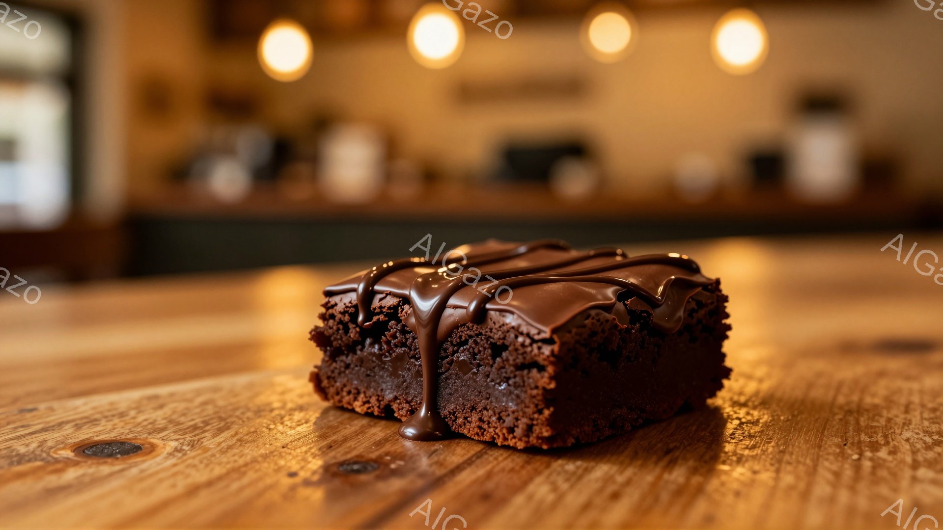 濃厚なチョコレートがトッピングされたブラウニーが、木製のテーブルの上に置かれています。ブラウニーは四角形で、表面には溶けたチョコレートが美しく滴り落ちています。背景はぼやけており、暖色の光が差し込む落ち着いた雰囲気のカフェやレストランのようにも見えます。