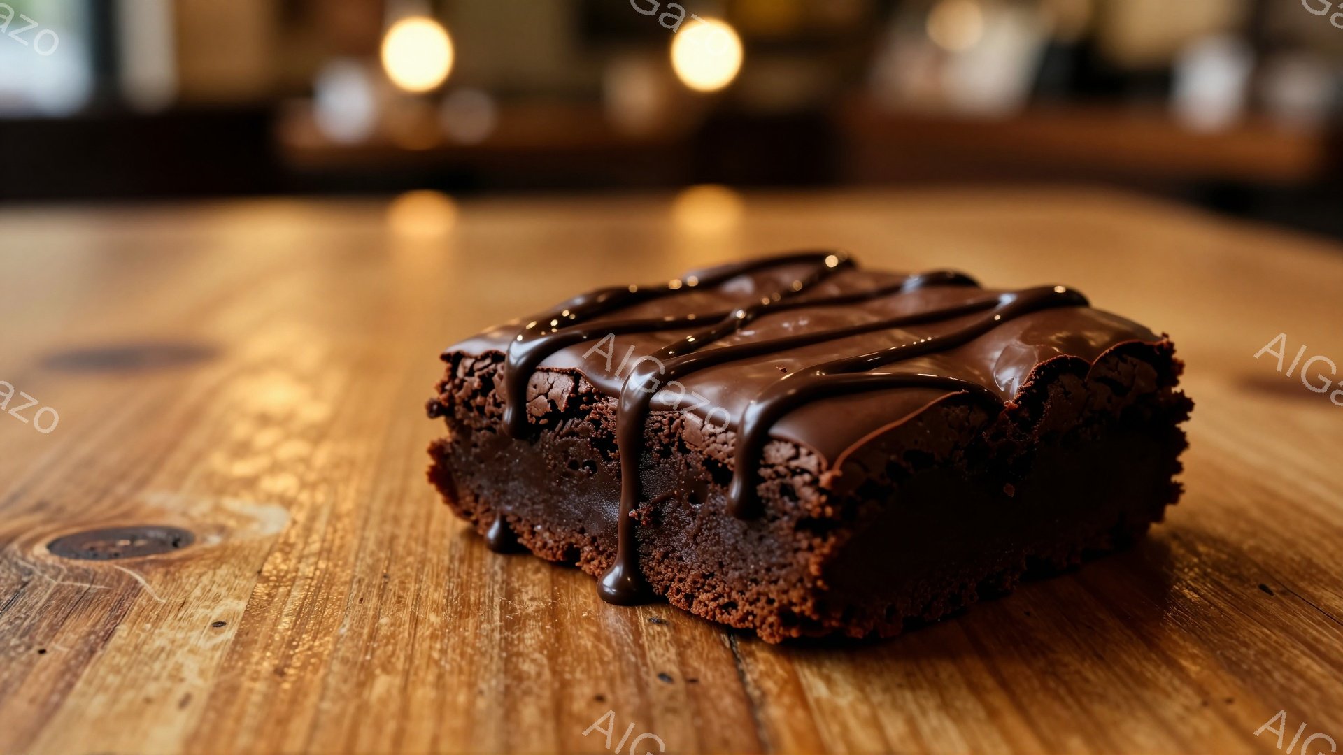 チョコレートグレーズがかかったブラウニーが、木製のテーブルの上に置かれている。ブラウニーは四角形で、表面は少し湿り気があり、チョコレートの光沢が魅力的だ。背景はぼやけており、暖色系の光が差し込み、全体的に落ち着いた雰囲気を醸し出している。