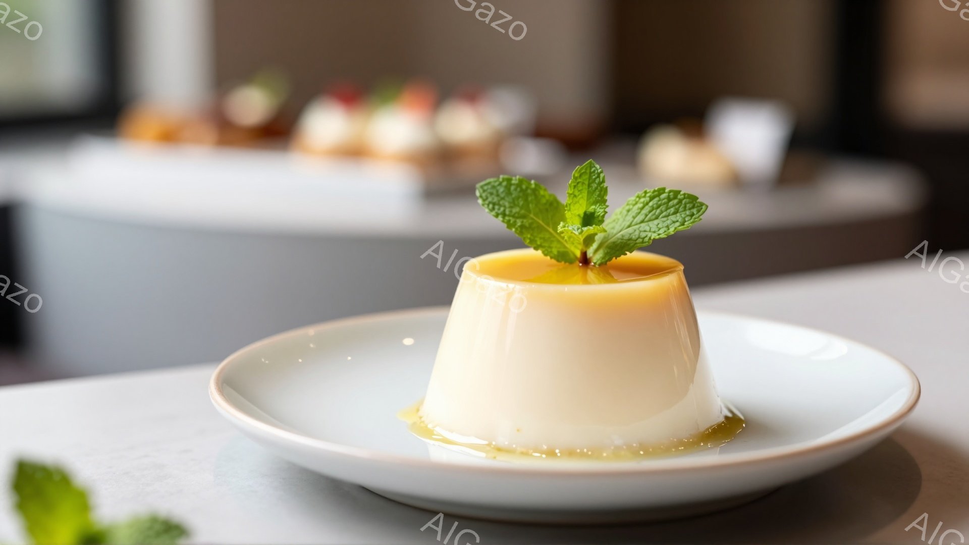 白い皿に、カラメルソースがかかったプリンが盛り付けられています。プリンの上には、みずみずしいミントの葉が飾られ、上品な印象を与えています。背景はぼかされており、白い椅子とテーブルがわずかに見え、落ち着いたカフェのような雰囲気です。