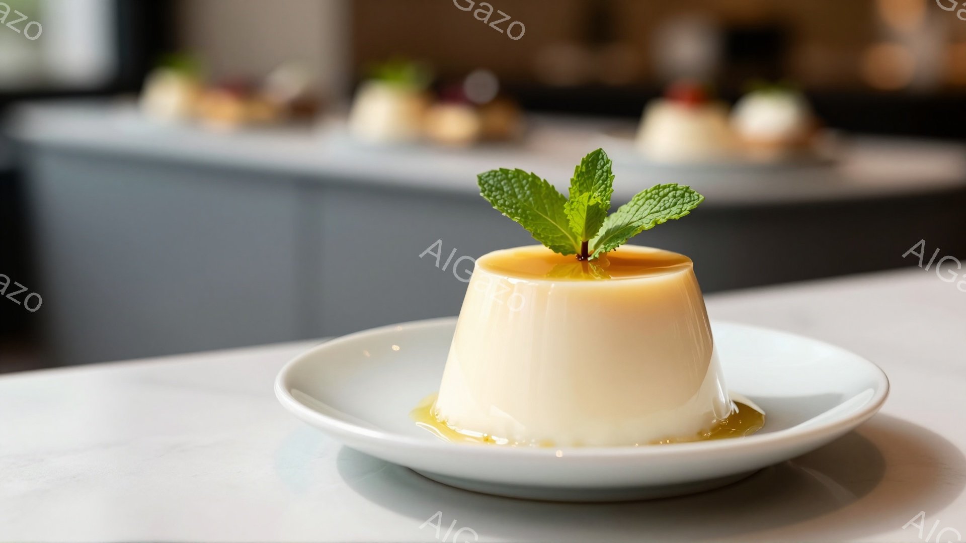 白い皿に盛り付けられたプリンが中央にあり、鮮やかな緑色のミントの葉が飾りとして添えられています。プリンはなめらかでクリーミーな質感で、キャラメルのソースがわずかに垂れており、食欲をそそります。背景はぼやけていますが、他のデザートの盛り合わせが見え、明るく清潔なカフェやレストランの雰囲気が感じられます。