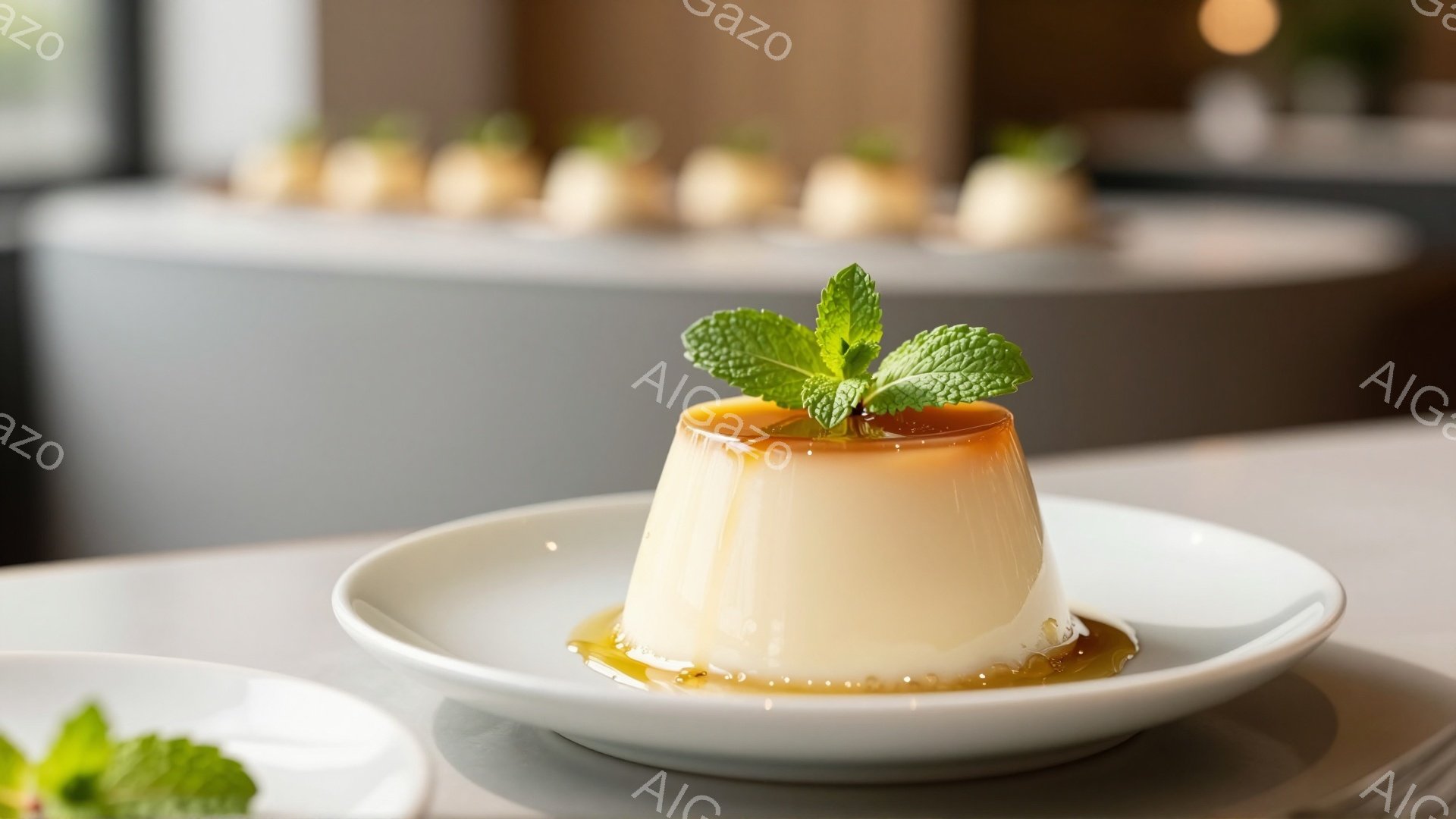 白い皿に盛り付けられたプリンが中央にあり、キャラメルソースが側面を流れ、鮮やかな緑色のミントの葉が飾られています。背景には、同様のプリンが並べられたぼやけた風景が見え、料理に集中するための穏やかな雰囲気を醸し出しています。全体的に、明るく清潔感のあるライティングで、デザートの美味しさを引き立てています。