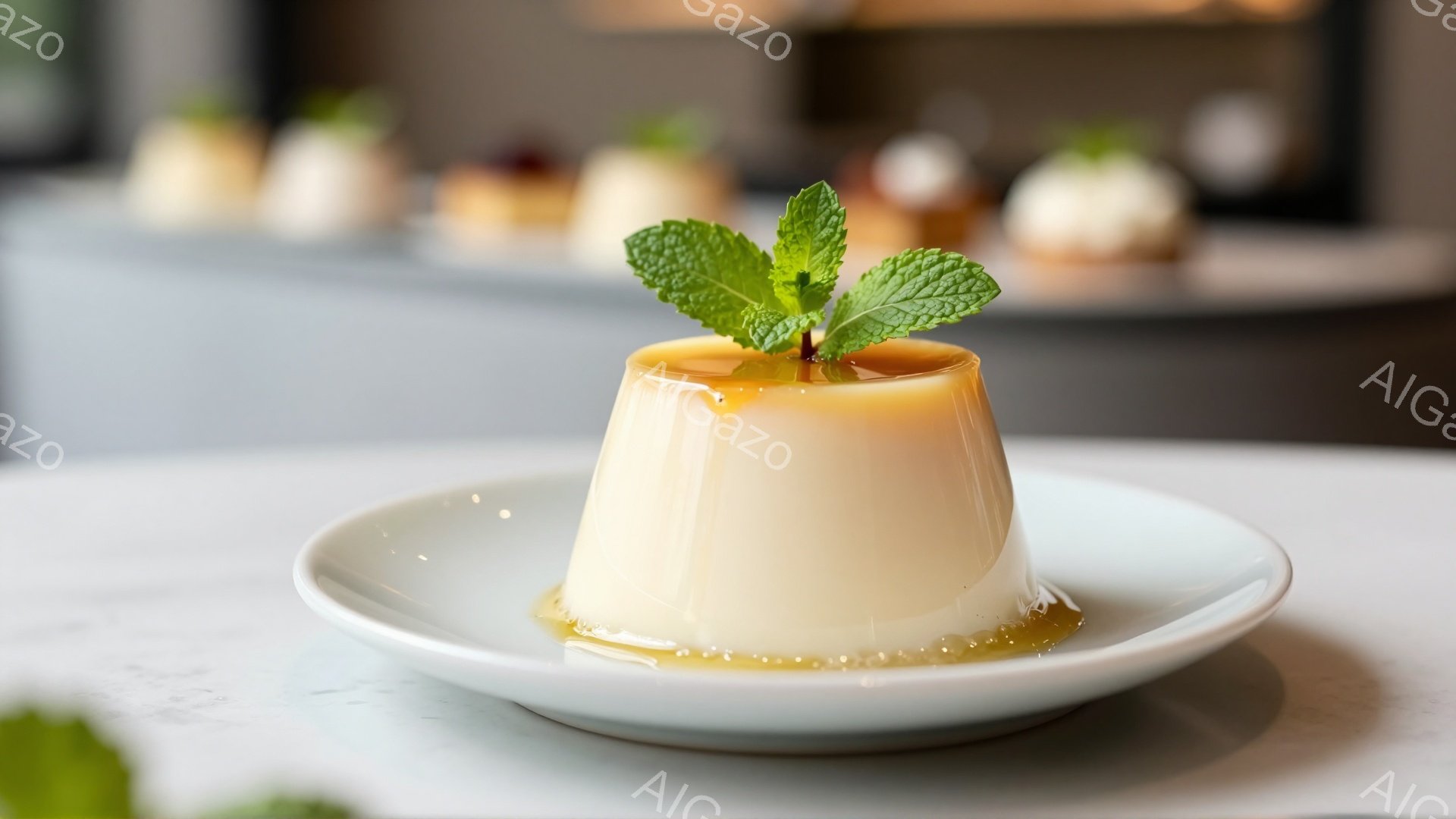 滑らかなクリーム色のプリンが白い皿に乗せられ、鮮やかな緑のミントの葉が飾られています。プリンの表面にはキャラメルのソースが流れ落ち、上品な甘さを予感させます。背景には他のプリンがぼやけて見え、明るく清潔な雰囲気です。