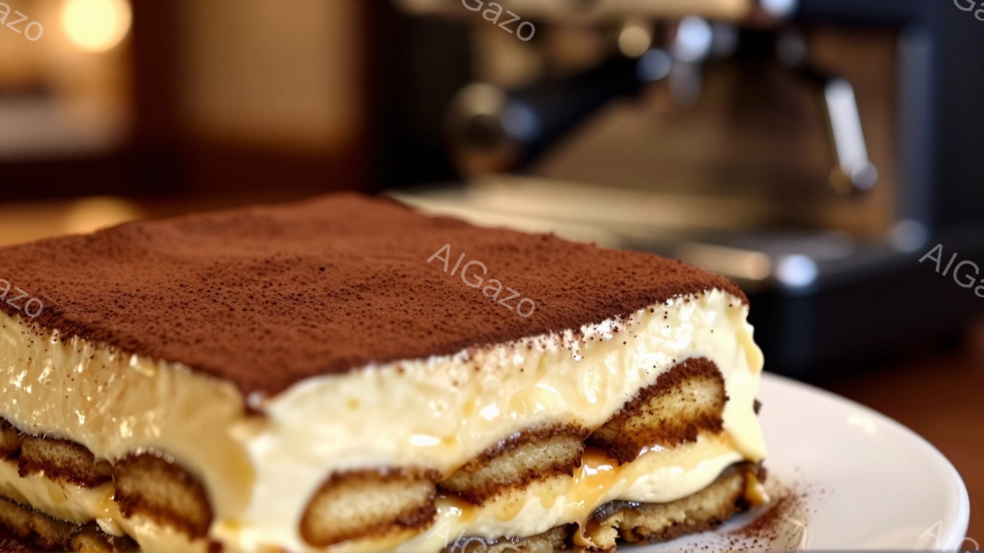 鮮やかな白い皿の上に、ティラミスが美味しそうに盛り付けられています。クリームチーズとココアパウダーが層になっており、ビスケット生地がところどころ顔を覗かせています。背景にはコーヒーメーカーが見え、温かみのある雰囲気が漂っています。