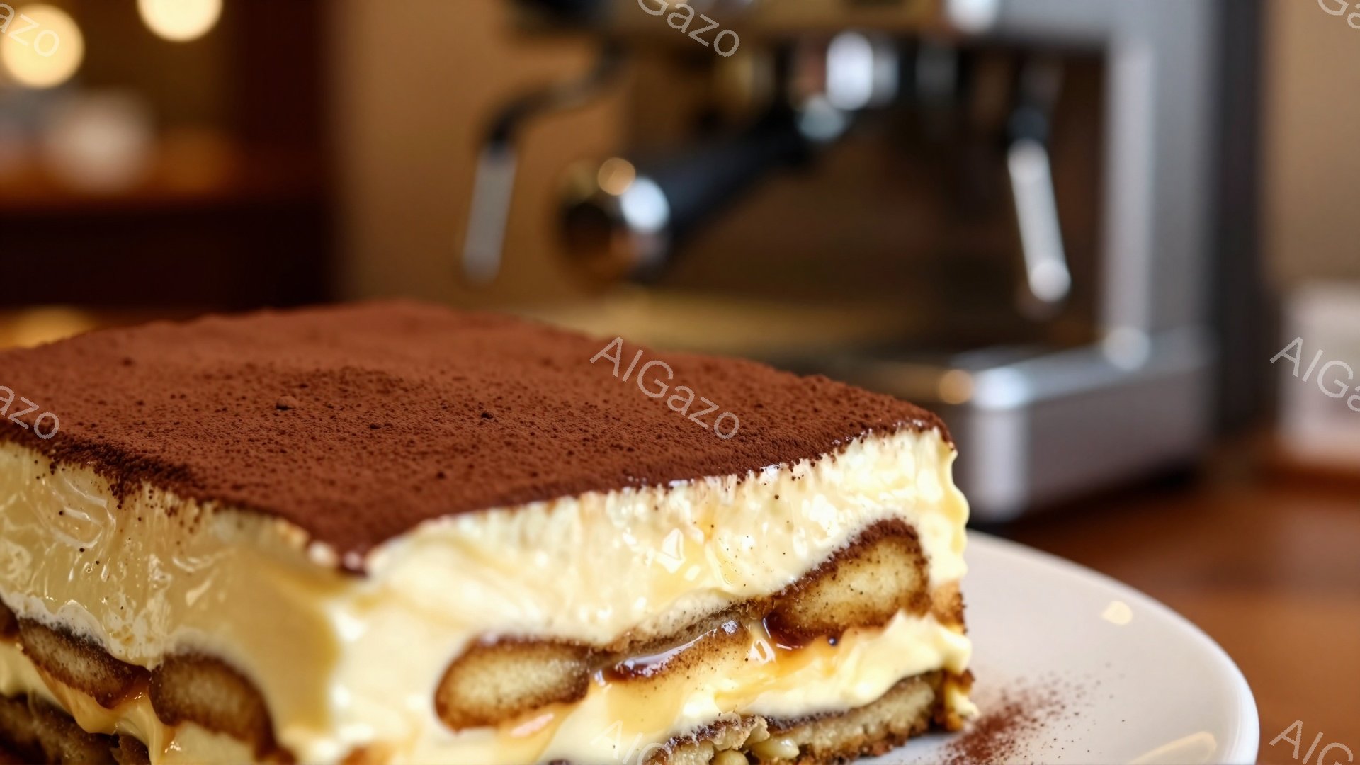 鮮やかな白い皿に盛り付けられたティラミスのピースが写っている。クリームチーズとココアパウダーの層が美しく重なり、ビスケットの層が見える。背景には、ぼやけた金属製のエスプレッソマシンがあり、カフェやデザートショップのような暖かい雰囲気を醸し出している。