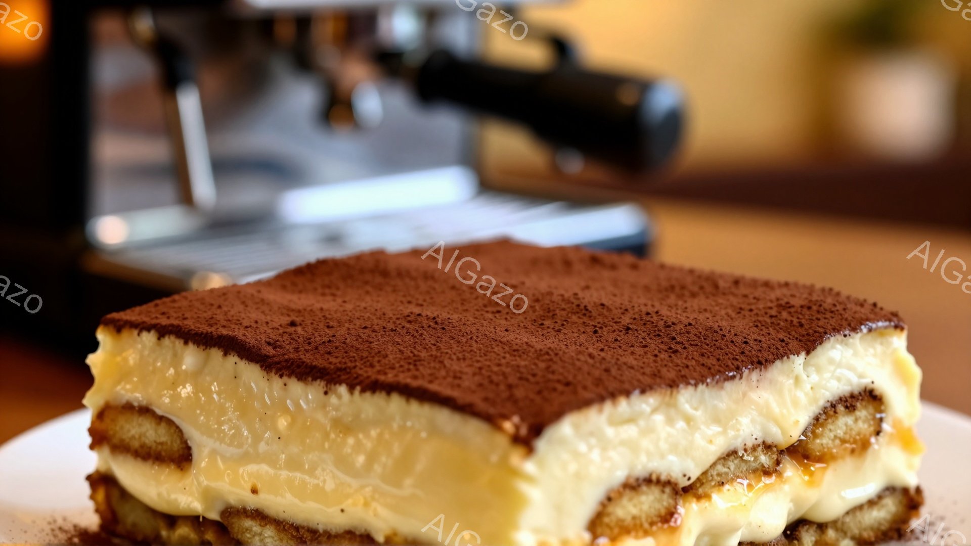 鮮やかな白い皿に、ティラミスが四角く切り分けられて置かれています。ココアパウダーがたっぷりとかけられた表面は、ふんわりとしており、ビスケットとクリームの層が綺麗に重なっています。背景には、エスプレッソマシンがぼんやりと見え、カフェのような、落ち着いた雰囲気を醸し出しています。