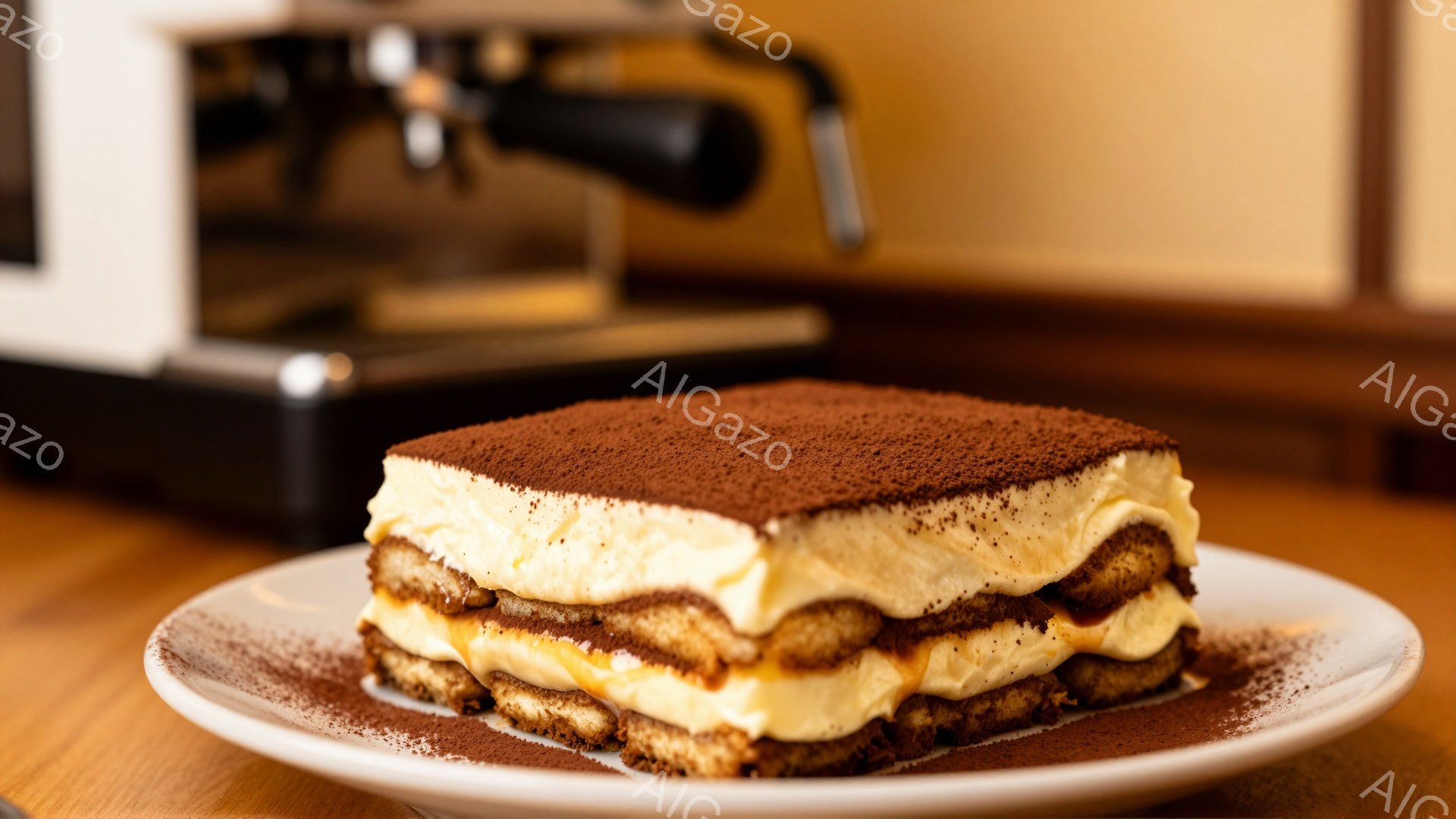 白い皿に、ココアパウダーをたっぷりとかけたティラミスが載っています。クリームとビスケットの層が美しく重なり、甘くて濃厚なデザートの雰囲気が伝わってきます。背景にはエスプレッソマシンの一部が見え、カフェのような落ち着いた空間を想像させます。