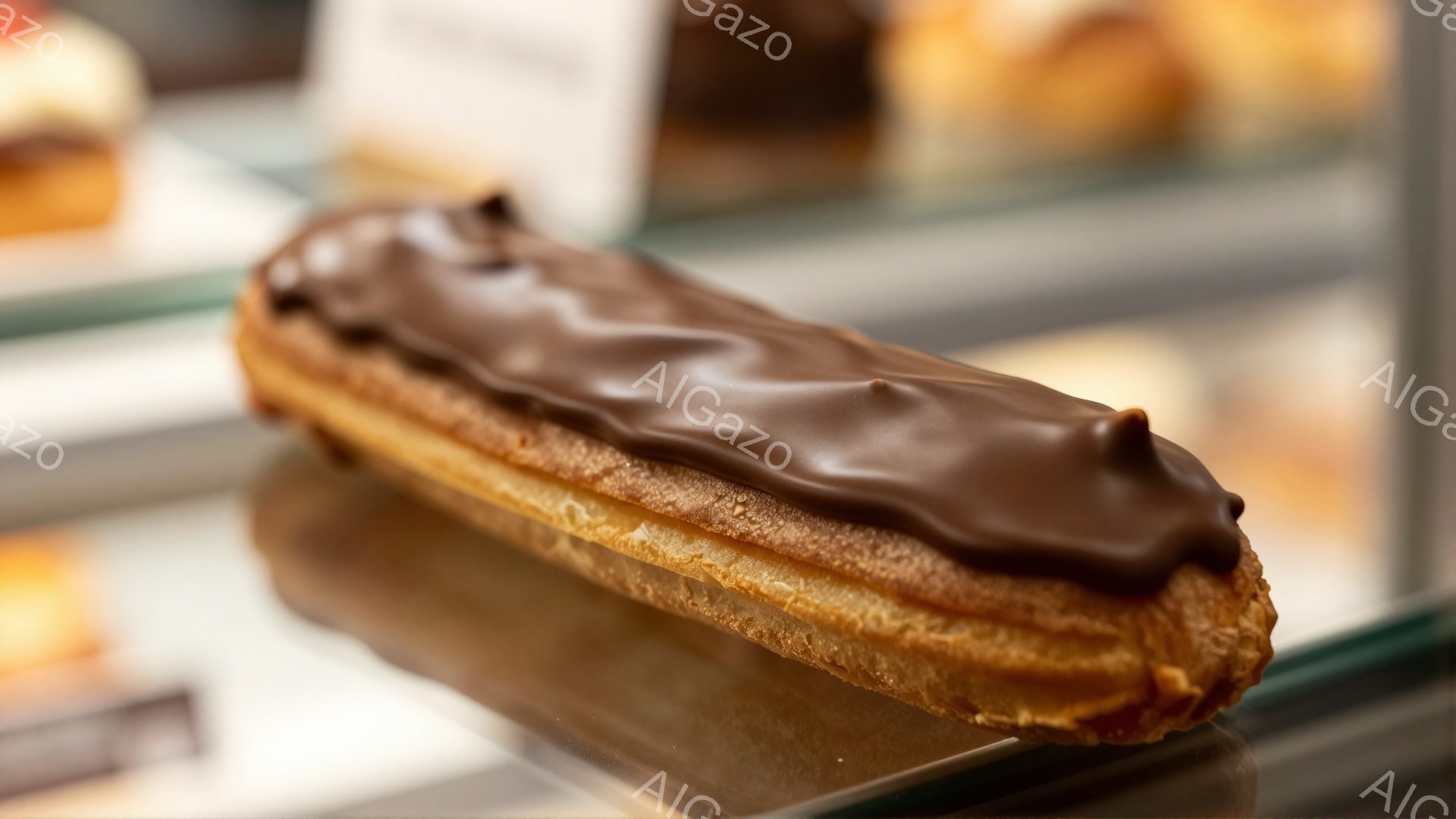 チョコレートグレーズがかかった、細長いエクレアが写っている。表面は光沢があり、焼き色のついた生地の層が見える。背景には他のペストリーがぼやけており、ショーケースの中で展示されている様子がわかる。