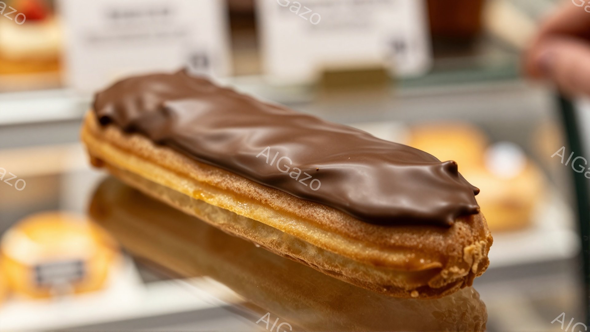 画像は、チョコレートグレーズがかかったエクレアをクローズアップで捉えています。エクレアは黄金色でサクサクとした生地でできており、表面には滑らかなチョコレートが輝いています。背景には他のペストリーが見え、ショーケースの中にある様子が伺えます。
