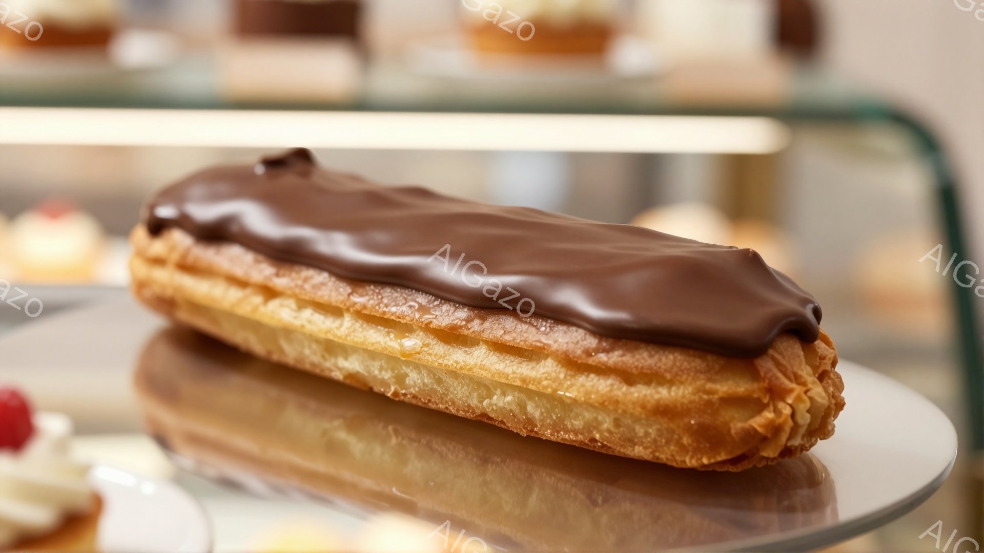 チョコレートグレーズがかかったシュークリームが、白い円形の皿に乗せられています。シュー生地は黄金色で、表面に美しい焼き目がついており、非常に美味しそうに見えます。背景には、他の焼き菓子がぼんやりと見え、ショーケースの中の様子であることがわかります。