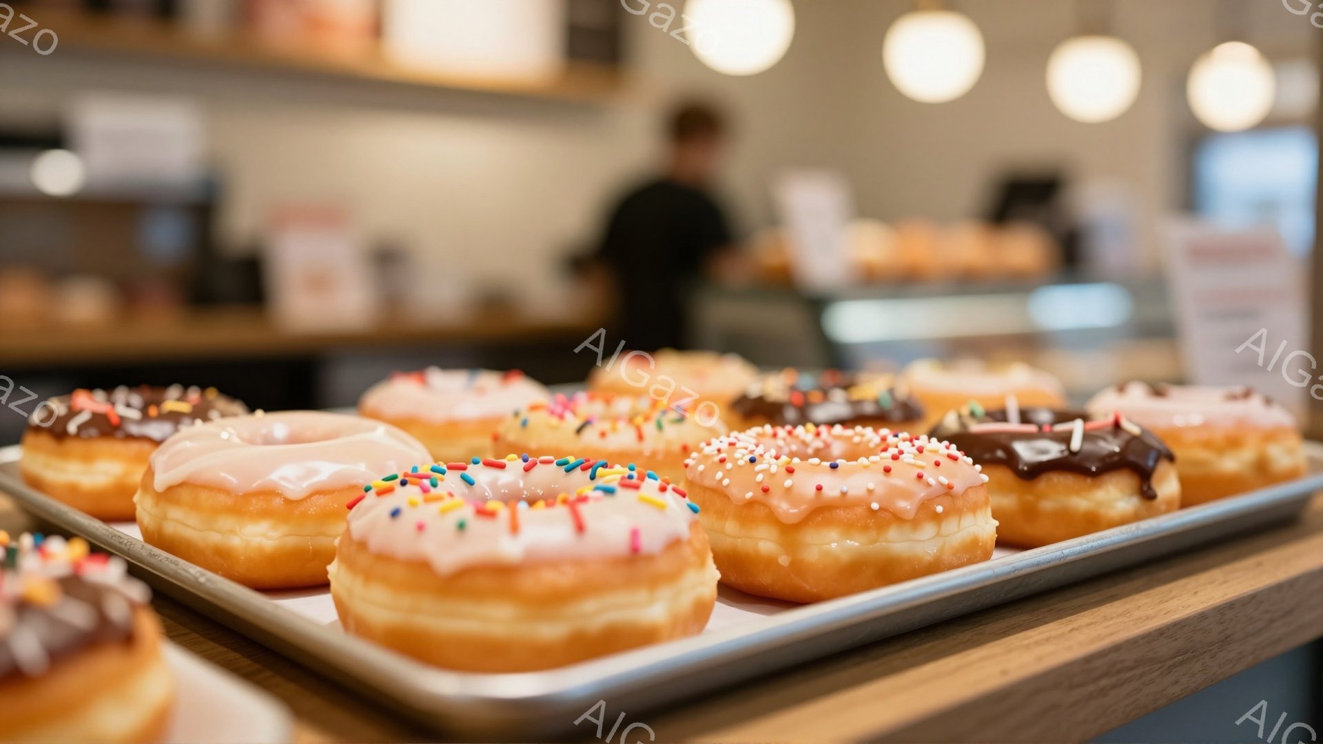 パステルカラーのアイシングとカラフルなスプリンクルが施されたドーナツが、銀色のトレイに整然と並べられています。背景には、ぼやけた店員と、木製のカウンター、そして明るい照明が確認できます。全体的に、甘くておいしそうな雰囲気が漂う、ドーナツ店の様子を捉えた写真です。