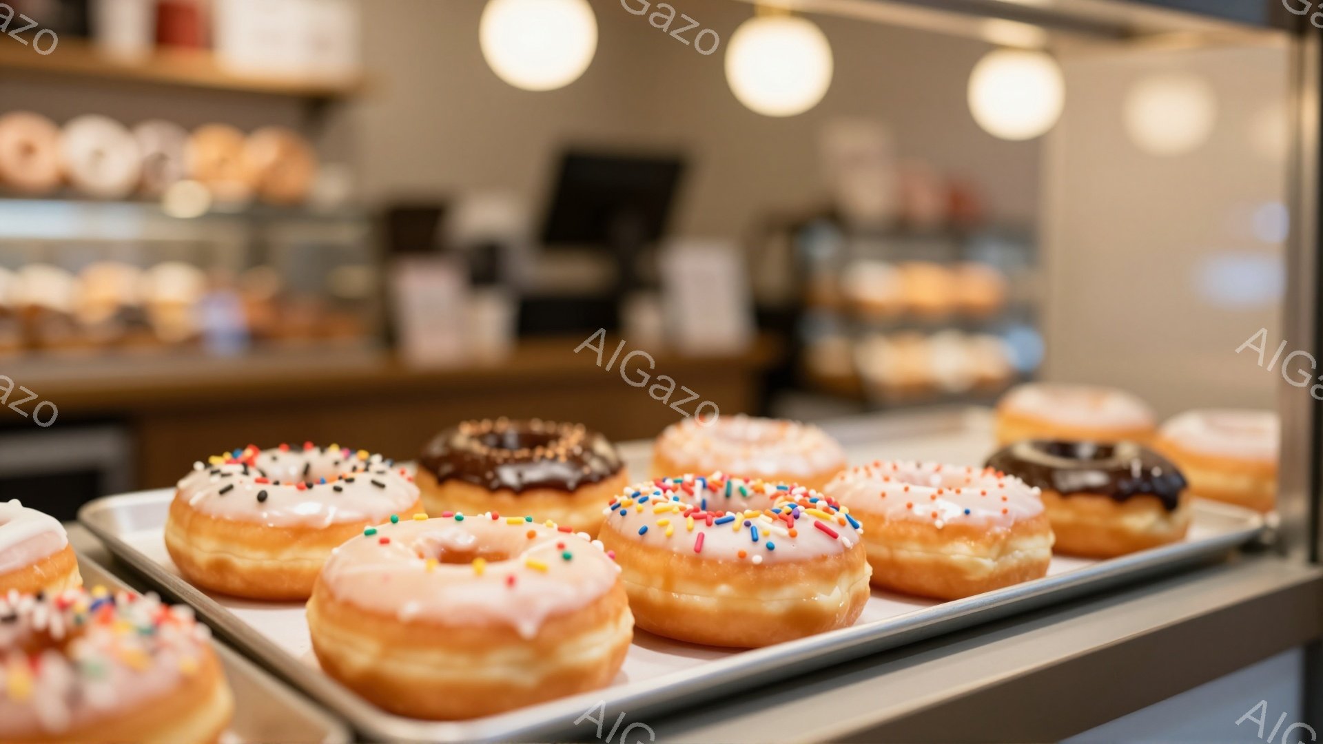 白いトレイに様々なアイシングとカラフルなスプリンクルがかかったドーナツが並んでいます。背景には、ぼやけた店舗の様子が見え、ドーナツの甘くて幸せな雰囲気を引き立てています。ドーナツはふっくらとしており、美味しそうに見えます。