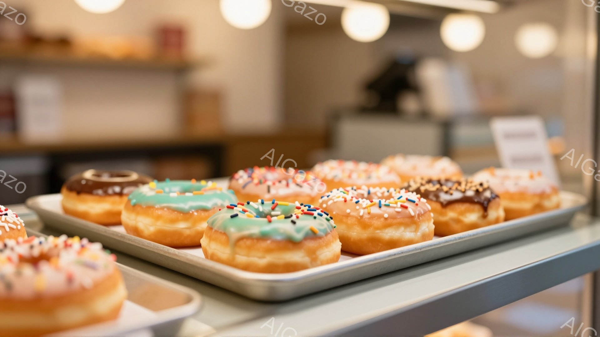 彩り豊かなドーナツが金属製の天板に並べられています。緑、茶色、ピンクなどの様々なアイシングがかかっており、カラフルなスプリンクルが飾られています。背景にはぼやけた店舗の様子が見え、明るく清潔な雰囲気を感じさせます。