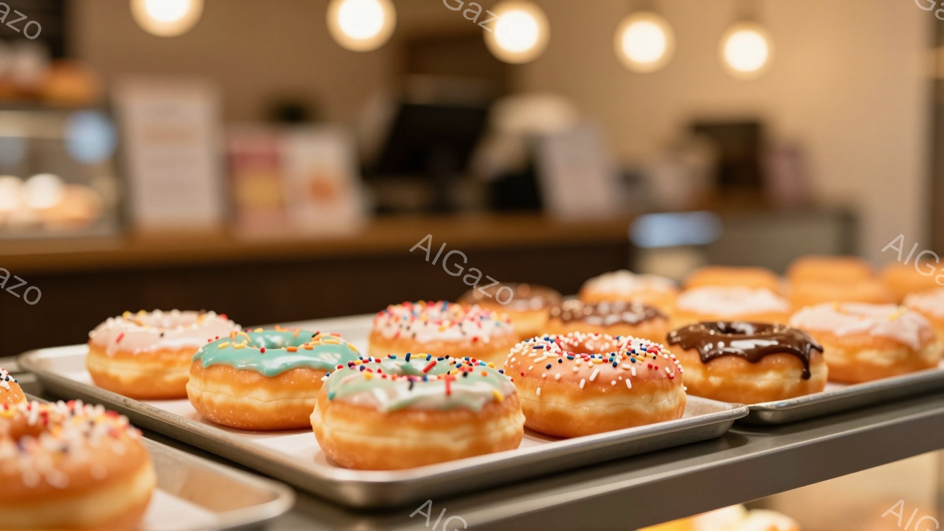 トレイには色とりどりのドーナツが並べられています。ピンク、水色、茶色、カラフルなスプリンクルが飾られたドーナツは、ふっくらとしていて美味しそうです。背景にはぼやけたカウンターと照明が見え、温かみのある雰囲気を感じさせます。