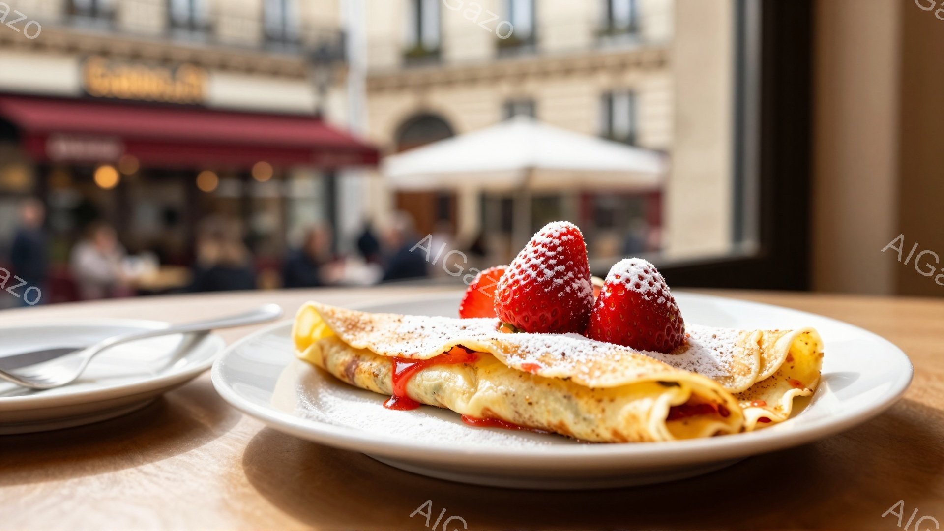 白い皿に、粉砂糖とイチゴをトッピングしたクレープが置かれています。クレープからは赤いジャムが流れ出し、美味しそうな光景です。背景には、カフェの窓から見える賑やかな通りと建物が見え、春の明るい日差しが差し込んでいます。