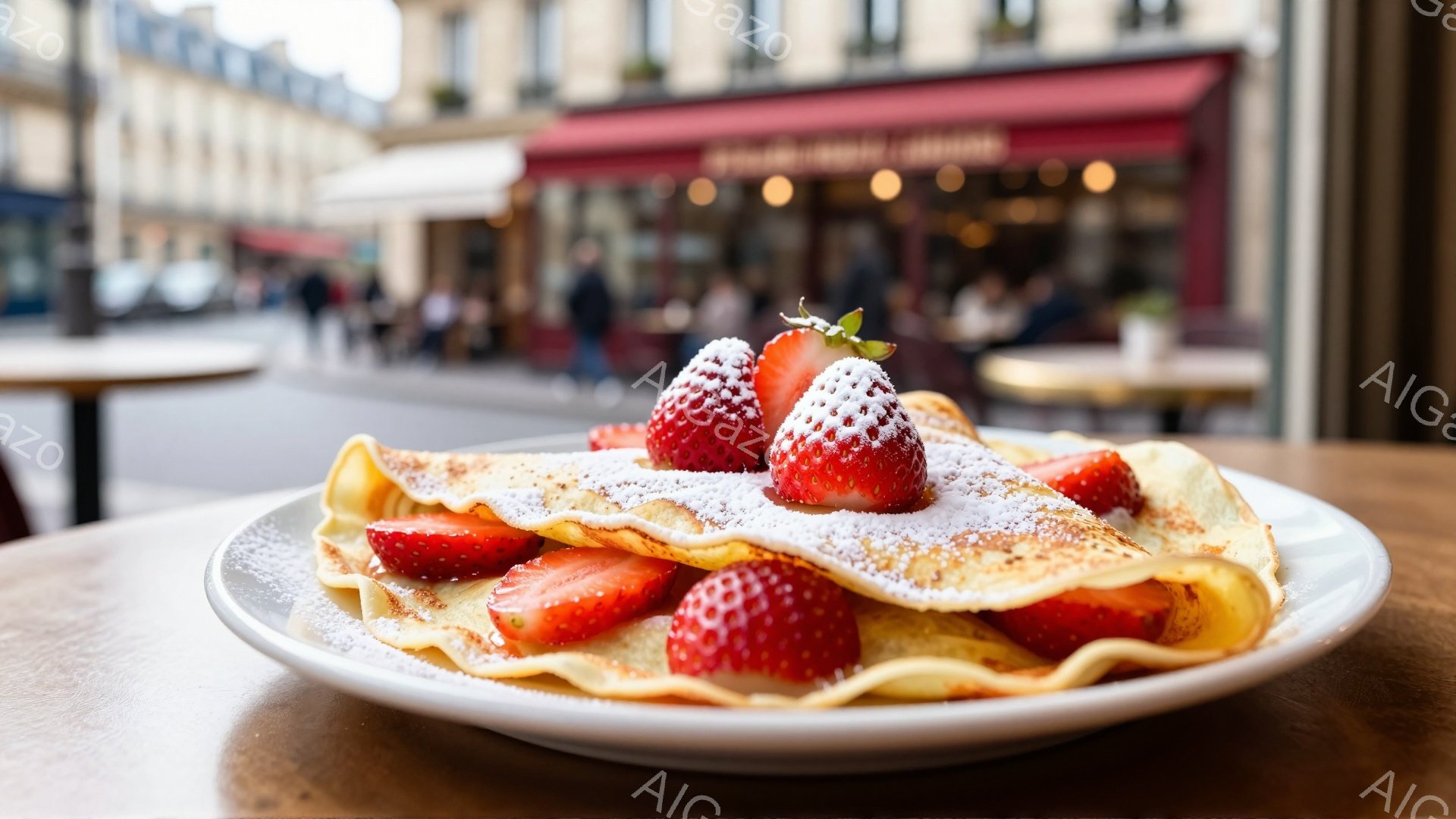 白い皿の上に、イチゴと粉砂糖をトッピングしたクレープが美しく盛り付けられています。背景には、石畳の道と、赤い庇を持つカフェやレストランが並び、パリの街並みを思わせる風景が広がっています。全体的に明るく、暖かく、食欲をそそる雰囲気です。