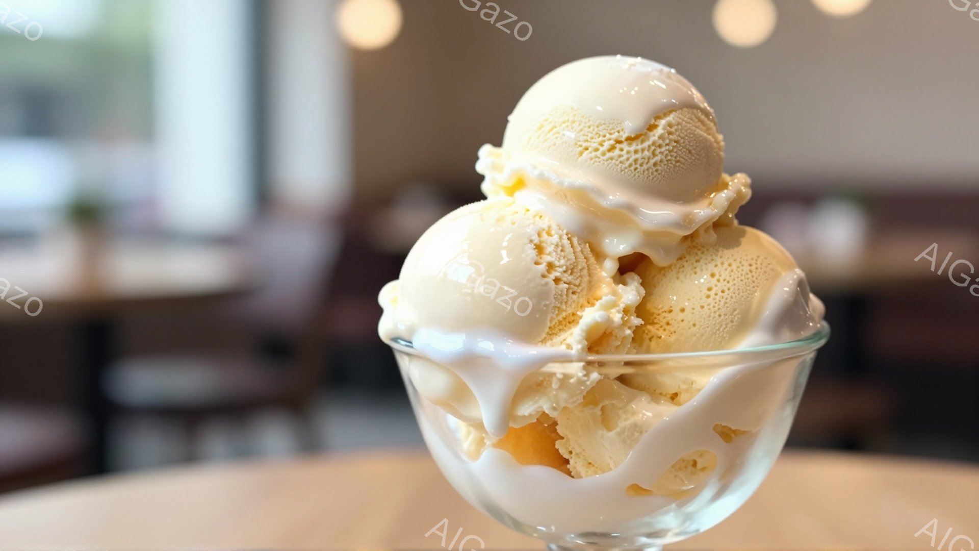 ガラスの器に盛り付けられたアイスクリームが写っている。クリーム色のソフトクリームが３つ重なり、白いソースが器の内側に流れ込んでいる。背景にはぼやけたテーブルと椅子が見え、明るく温かい雰囲気が漂っている。