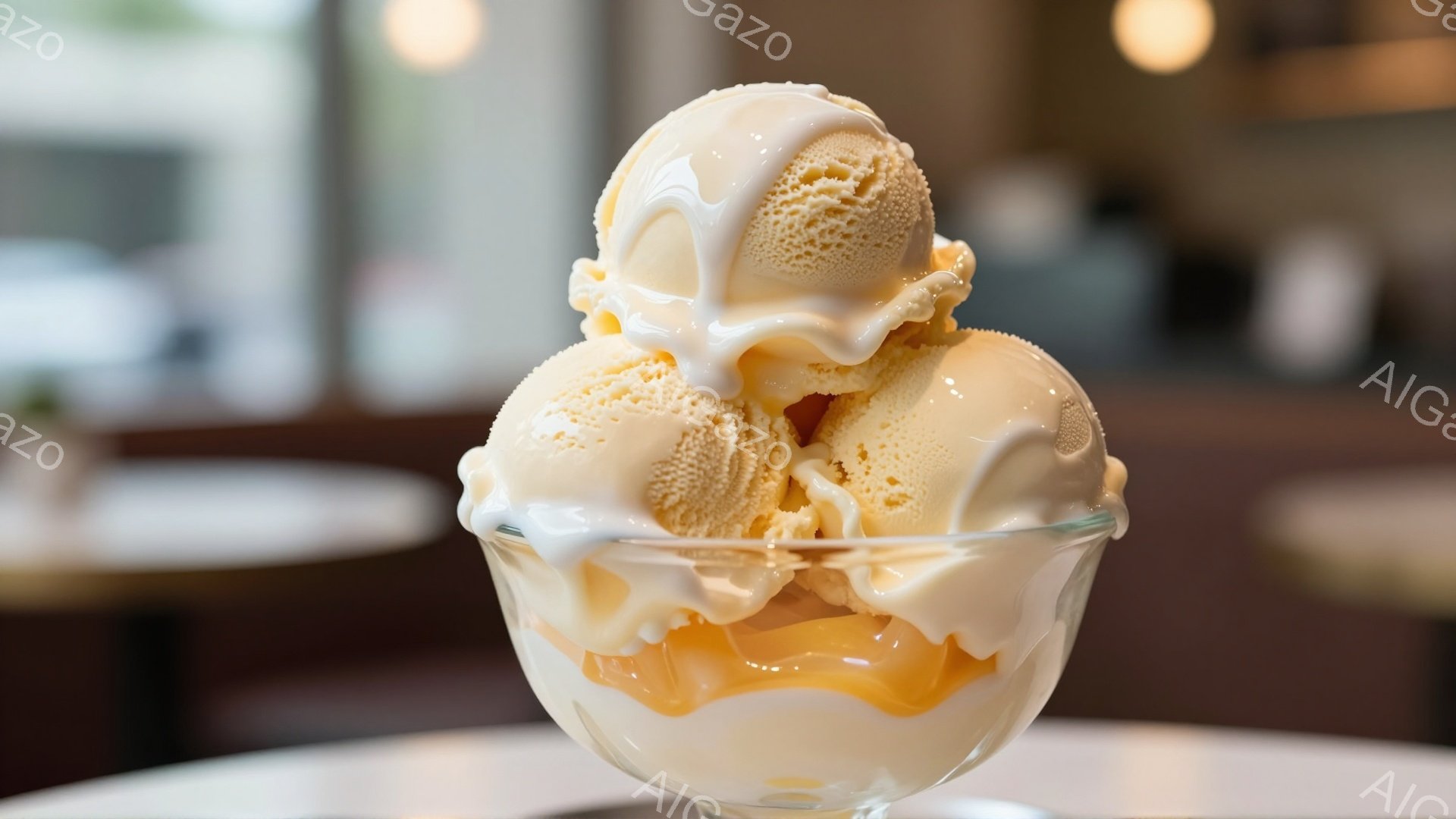 透明なガラスの器に、とろりとしたキャラメルソースがかかったバニラアイスクリームが３つ盛られています。アイスクリームは明るいベージュ色で、表面にはわずかな凹凸が見られます。背景はぼやけていますが、テーブルと明るい光が差し込む室内の一部が確認できます。