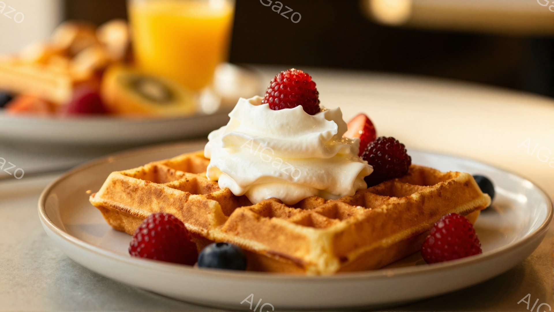 黄金色に焼き上がったワッフルが、白いホイップクリームと赤いラズベリー、ブルーベリーで飾られている。背景には、果物とオレンジジュースが入った別の皿が見え、明るく暖かく、甘い朝食の雰囲気が漂っている。ワッフルの格子模様と、瑞々しいベリーのコントラストが食欲をそそる。