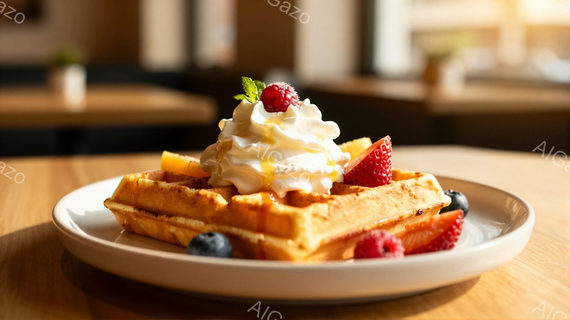 皿の上には、蜂蜜がかかったワッフルが乗っており、その上にたっぷりのホイップクリームが絞られています。新鮮なイチゴ、ラズベリー、ブルーベリーが添えられ、ミントの葉が飾りとして添えられています。背景は暖色系の木製テーブルで、ぼやけたカフェのような雰囲気です。