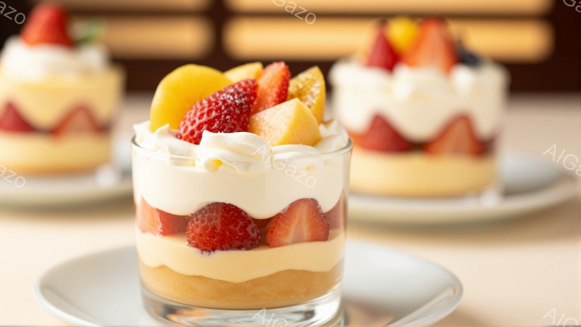 ガラスの器に盛り付けられた、可愛らしいデザートが写っています。ストロベリー、ピーチ、カスタードクリーム、スポンジケーキが層になっており、上にはホイップクリームが飾られています。背景には、同様のデザートがぼんやりと写り、全体的に明るく甘い雰囲気が漂っています。