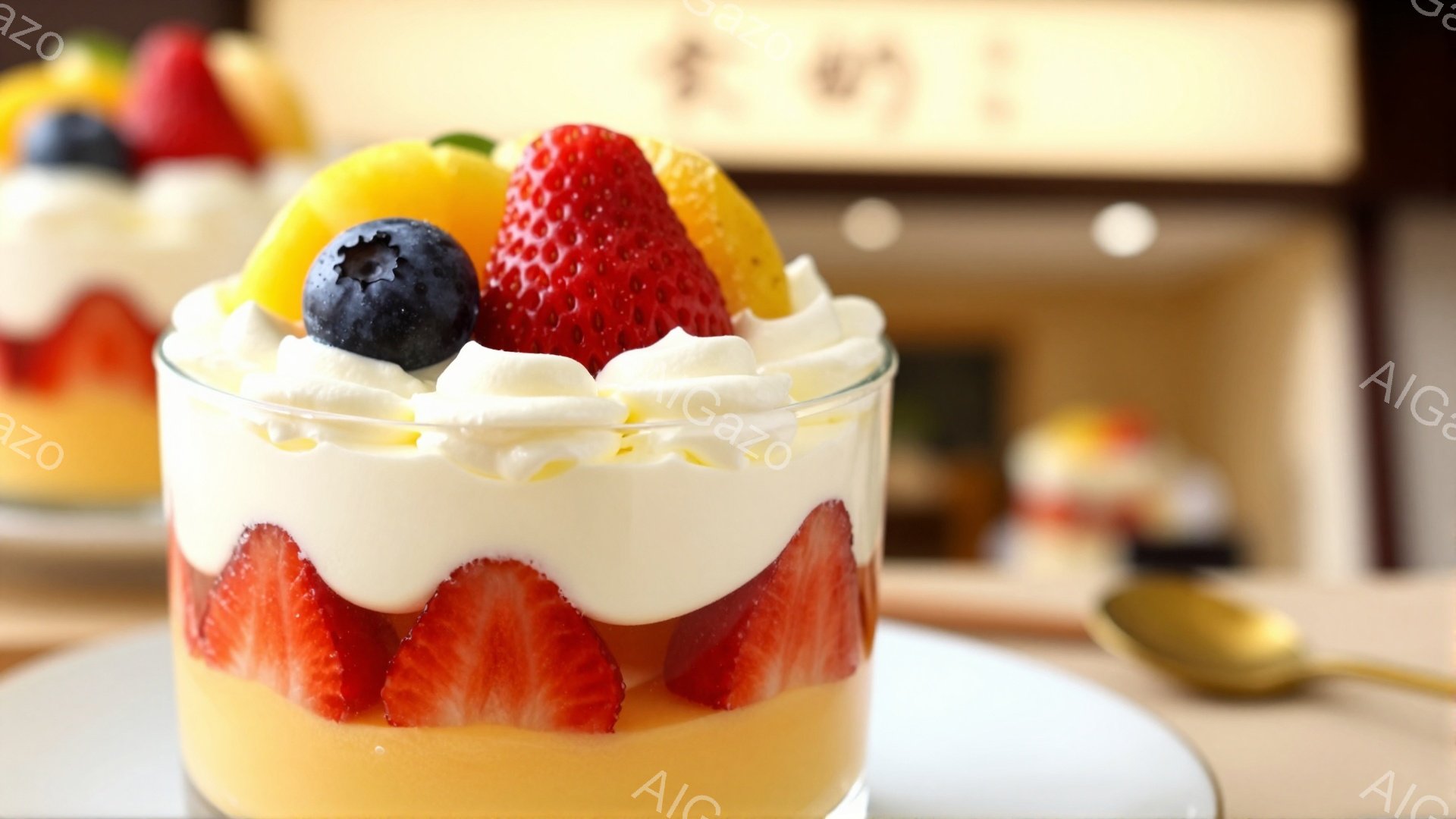 透明なグラスに入った美しいイチゴのパフェが写っている。グラスの中には、カスタードクリーム、スライスされたイチゴ、そしてホイップクリームが層状に重ねられており、上にはイチゴとブルーベリー、レモンが飾られ - AI生成フリー素材