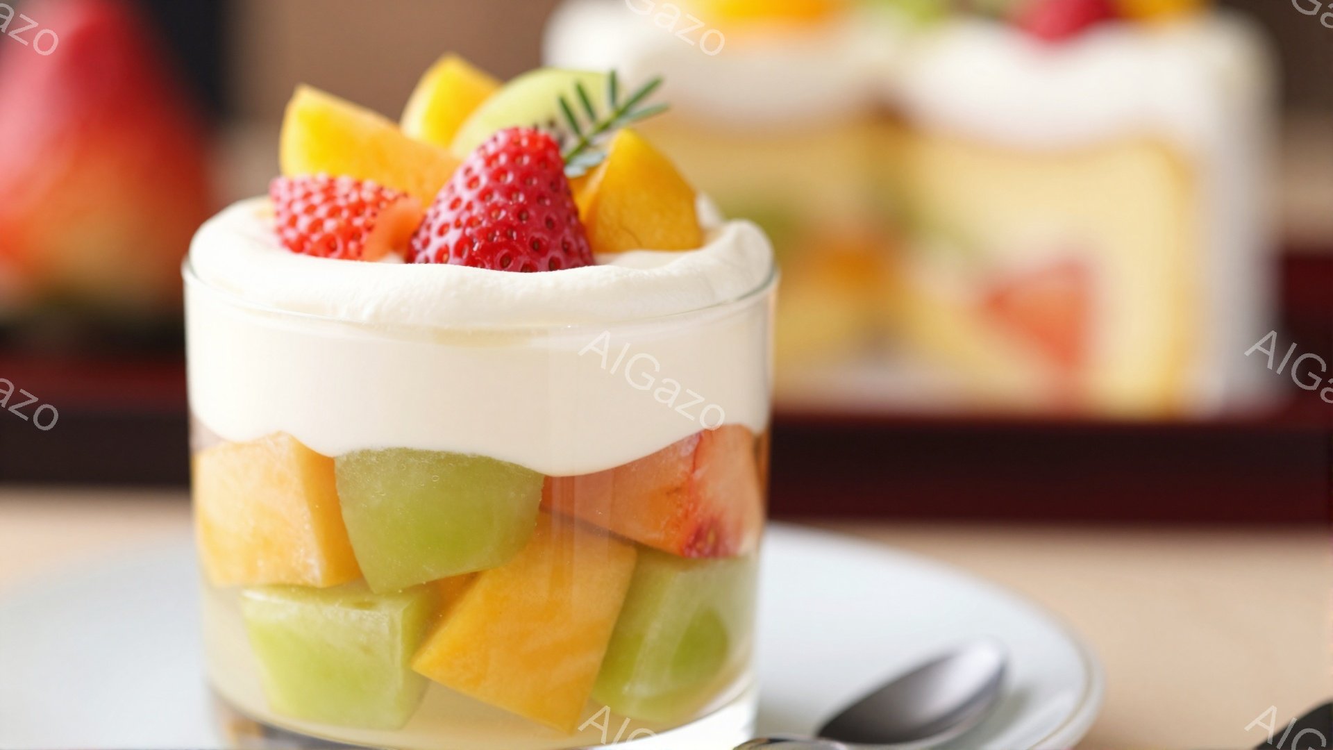 ガラスの器に、イチゴ、オレンジ、メロンなどのカットフルーツが層状に詰まった、見た目も爽やかなデザートが中央に配置されています。クリームがフルーツの上にふんわりと乗せられ、ミントの葉が飾られています。背景には、同様のデザートがいくつか並び、白と茶色の皿に乗せられています。