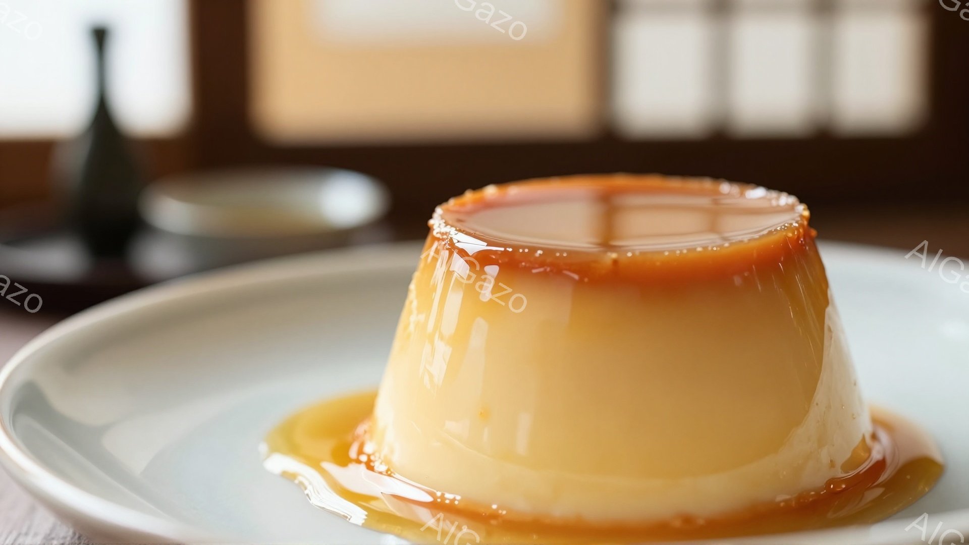 滑らかなカラメルソースがかかったプリンが、白っぽい皿の上に置かれています。プリンの表面はツヤがあり、皿の上に少しソースが広がって、美味しそうな印象を与えます。背景にはぼやけた和風の部屋の一部が見え、落ち着いた雰囲気が漂っています。