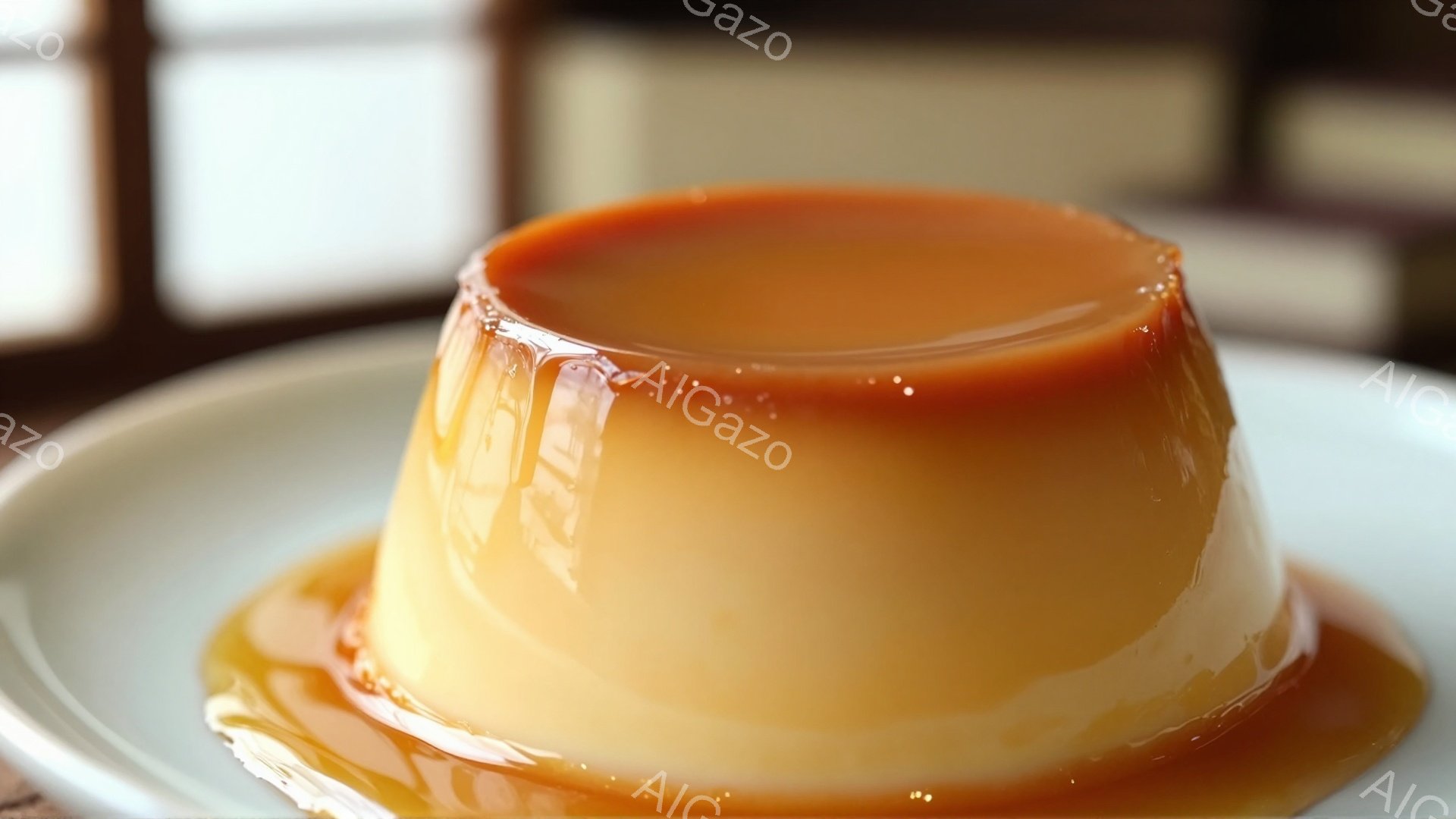 鮮やかなキャラメルソースがかかったプリンが、淡い緑色の皿に乗せられています。プリンの表面はなめらかで光沢があり、キャラメルソースが側面を流れ落ちています。背景はぼやけていますが、木製の家具の一部が見え、温かく落ち着いた雰囲気を醸し出しています。