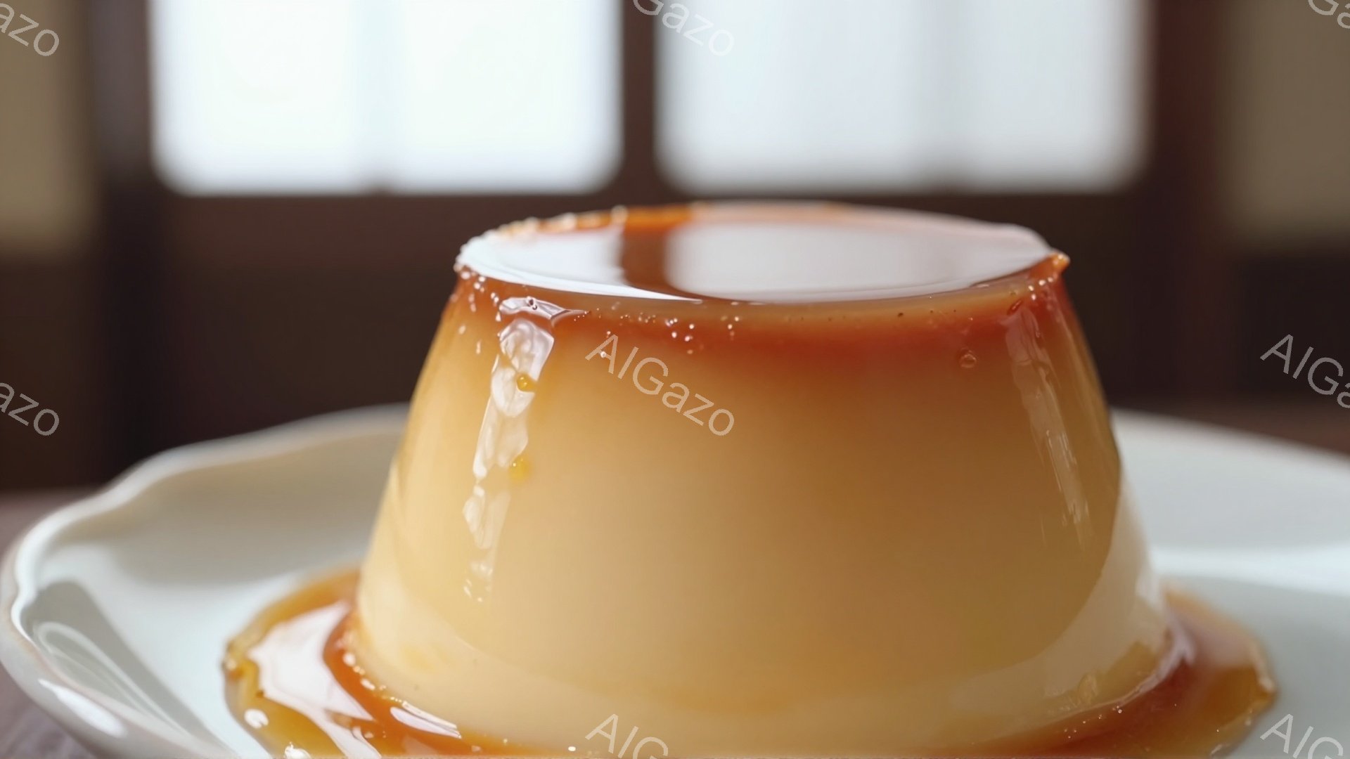 皿の上に置かれたカラメルプリンが焦点となっている。プリンは滑らかで、表面には美しいカラメルソースが流れ落ちている。背景はぼやけており、木製の窓枠が見えるだけで、プリンそのものの食感を強調している。 - AI生成フリー素材