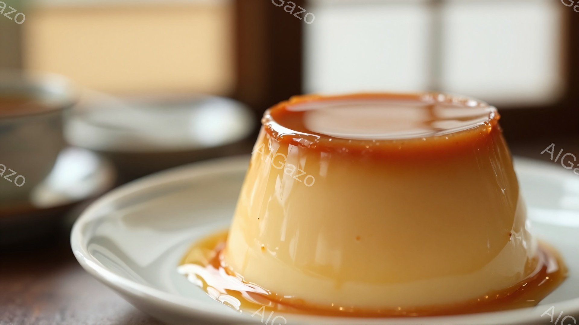 焦げ目のついたキャラメルソースが美しいプリンが、白っぽいお皿に乗せられています。プリンはなめらかで、少し傾いているため、キャラメルソースがゆっくりと流れ落ちています。背景は暗く、テーブルの木目が見え、料理に集中させるような雰囲気が漂っています。