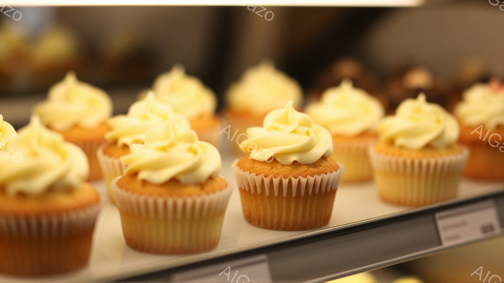 焼き色のついたカップケーキが、白い紙製のカップに入って一列に並べられています。クリームは明るい黄色で、バラのように絞られており、見た目も可愛らしいです。背景はガラスケースの一部が見え、明るい照明が照らされていることから、おそらくパティスリーやカフェのショーケース内であると考えられます。