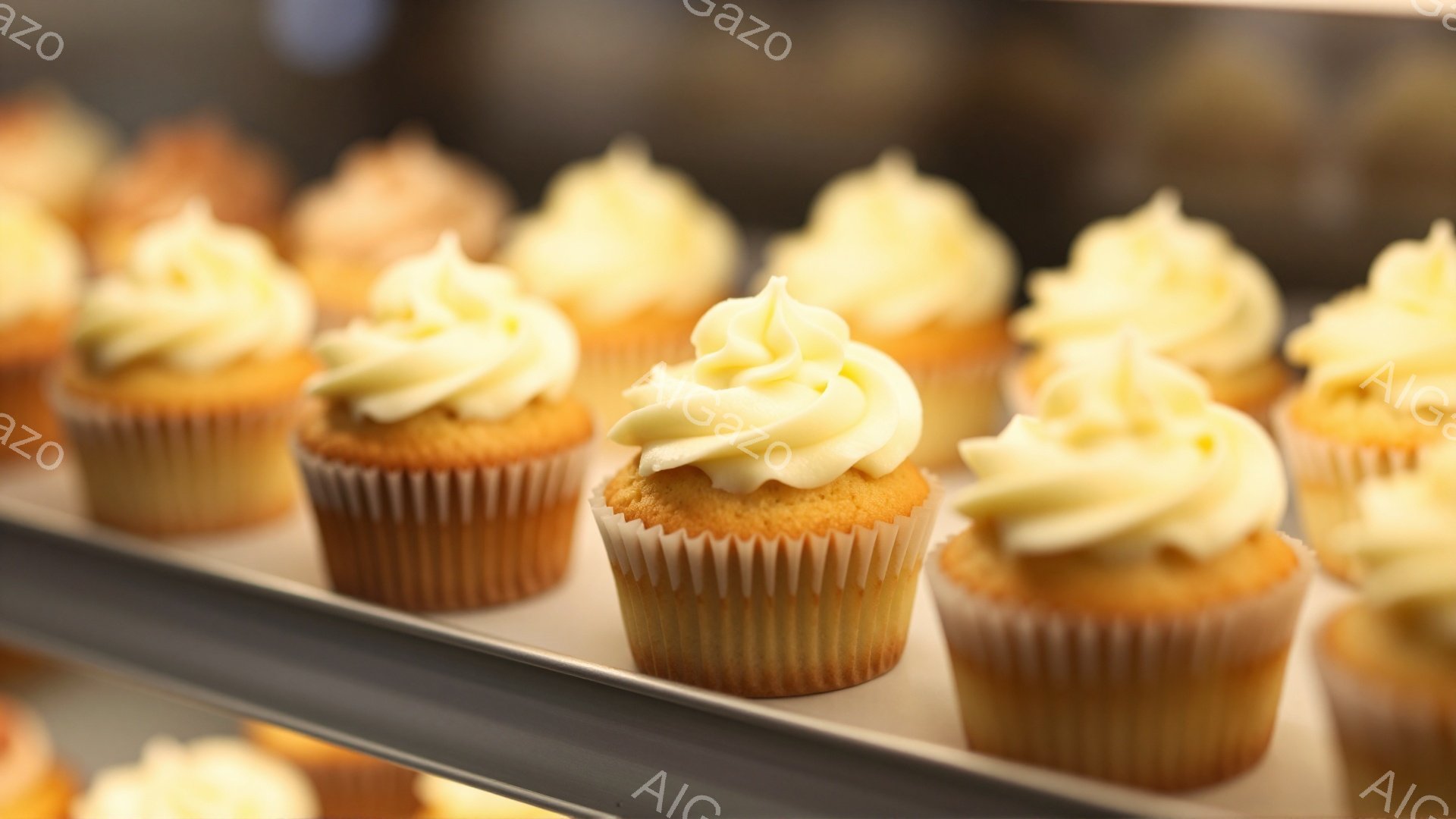 白い紙製のカップに入った、フロスティングを乗せた焼き立てのカップケーキが並んでいます。明るい黄色のフロスティングは渦巻き状になっており、カップケーキの茶色の生地とのコントラストが際立っています。背景はぼやけていますが、カップケーキが陳列ケースの中に並んでいる様子から、パン屋やカフェなどの店内の写真であることがわかります。