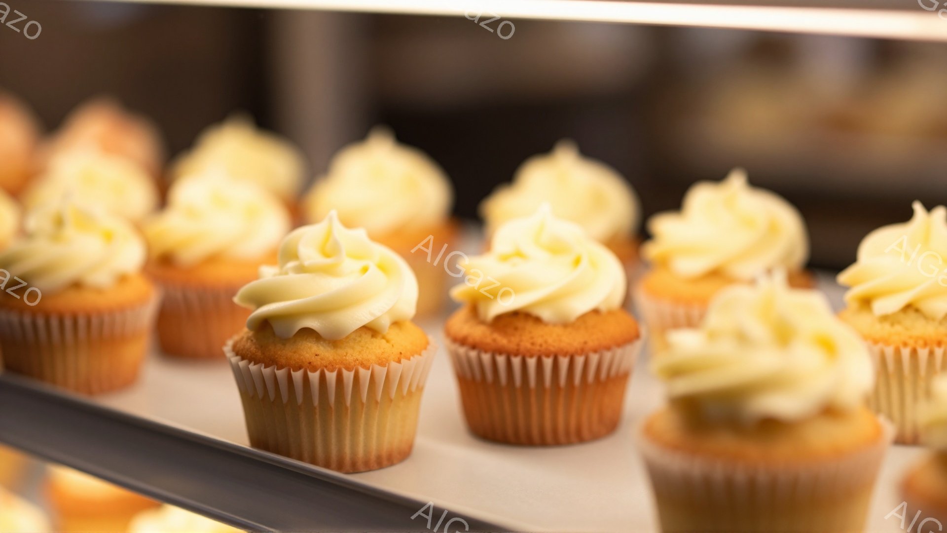 白いトレーの上には、クリームが絞られたカップケーキが並べられています。明るい黄色のクリームはふんわりと盛り付けられ、焼き色のついたスポンジケーキとのコントラストが美味しさを引き立てています。背景はぼやけており、おそらくショーケースの中、または店舗の照明によるものと思われます。