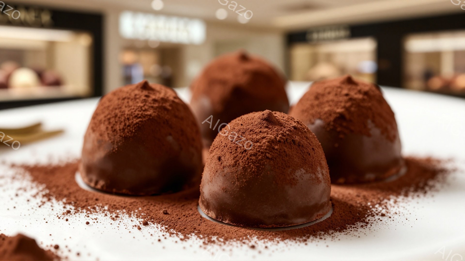 画像には、ココアパウダーが散りばめられたチョコレートのトリュフがいくつか写っています。それらは光沢のある茶色の表面を持ち、白いテーブルの上に置かれています。背景にはぼやけた店内の様子が見え、甘くておい - AI生成フリー素材