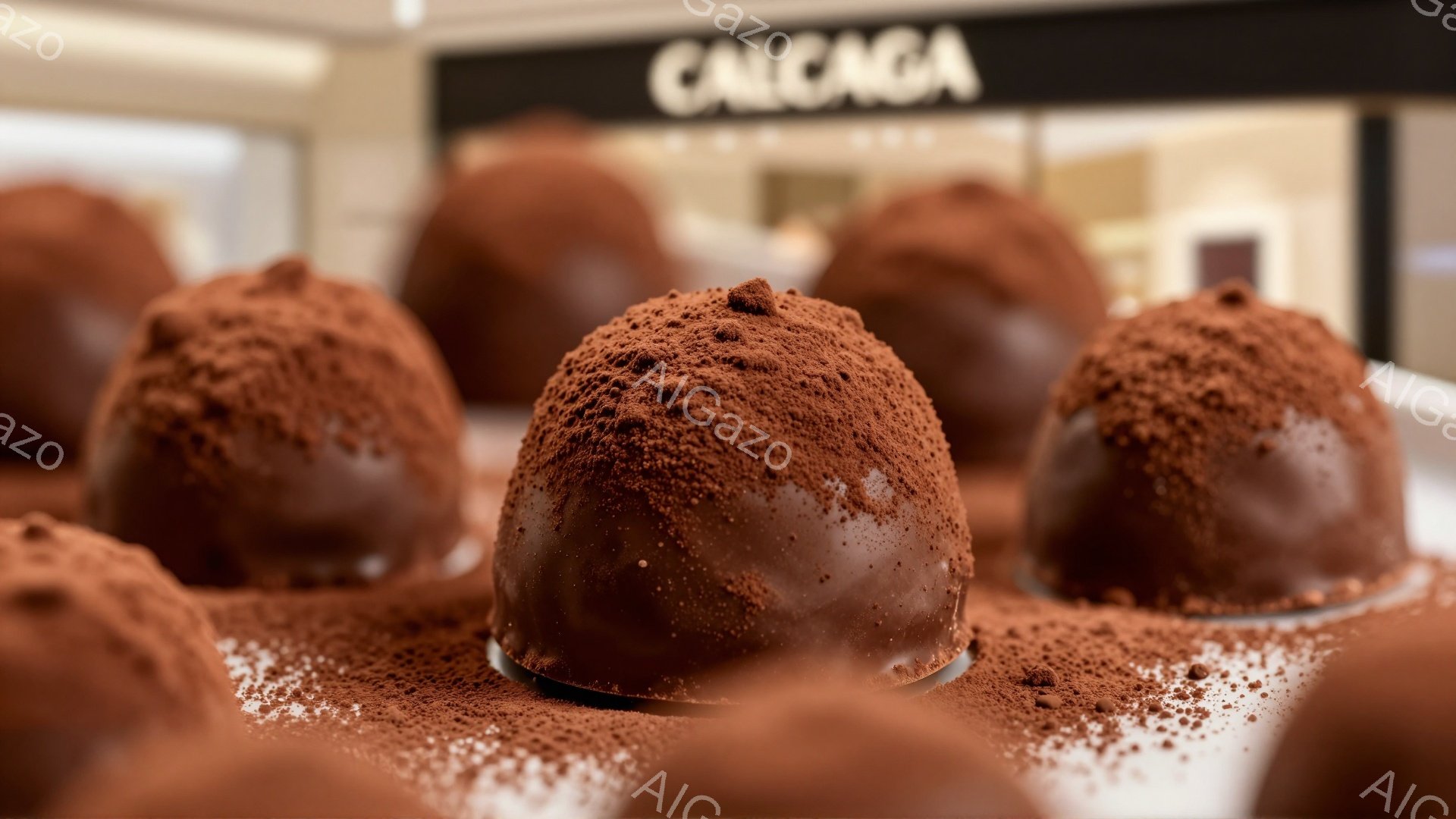 チョコレートのドーム状の菓子がいくつか、ココアパウダーが振りかけられた状態で並べられています。背景にはぼやけた店舗の様子が見え、明るい照明が照らされています。全体的に甘くておいしそうな雰囲気が漂っています。