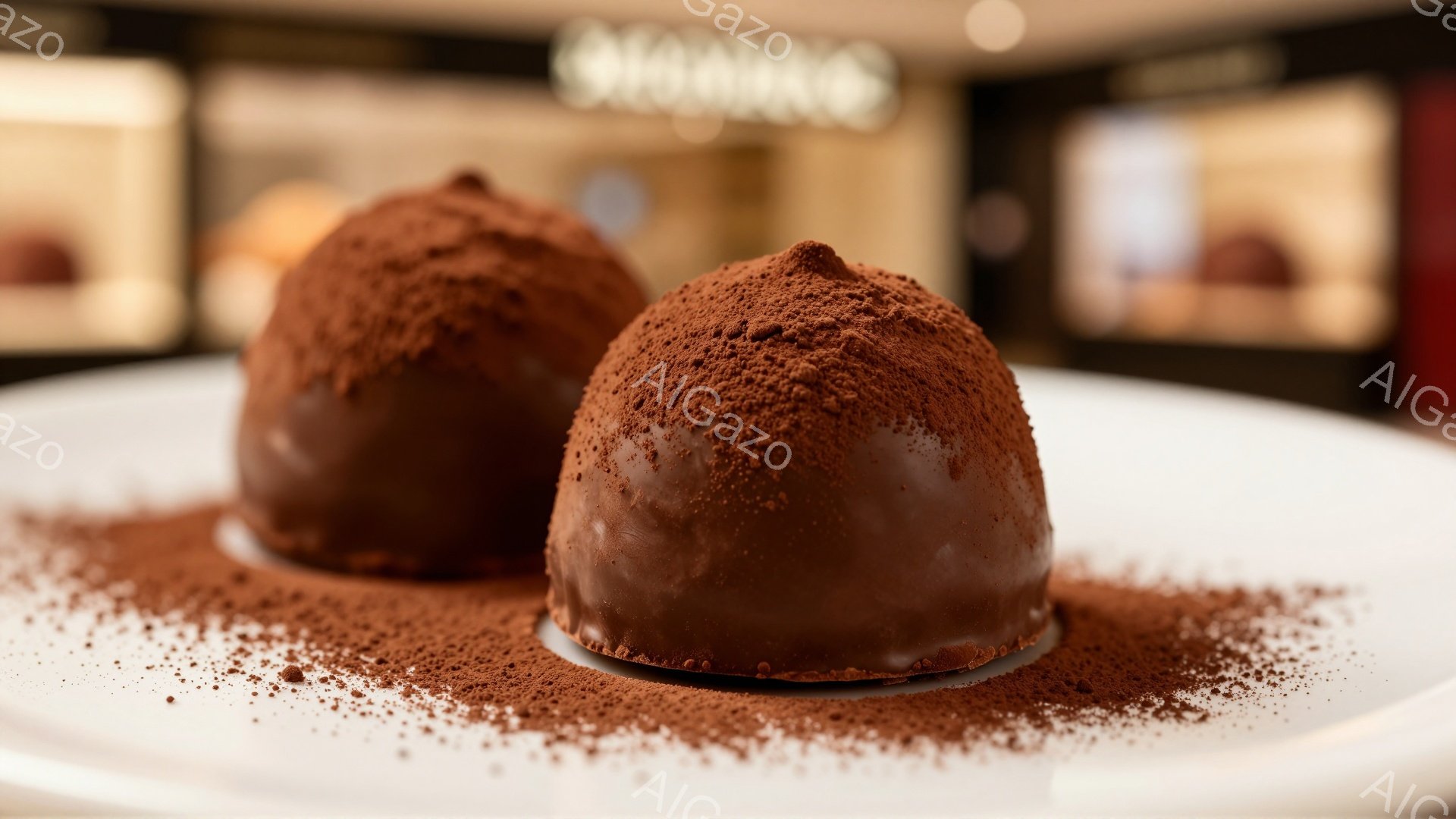 チョコレートで覆われた2つの丸い菓子が白い皿の上に置かれており、その周りにはココアパウダーがふりかけられています。チョコレートの表面は光沢があり、丸みを帯びた形が特徴的です。背景はぼやけており、高級感のあるチョコレートショップの一角であることが推測できます。