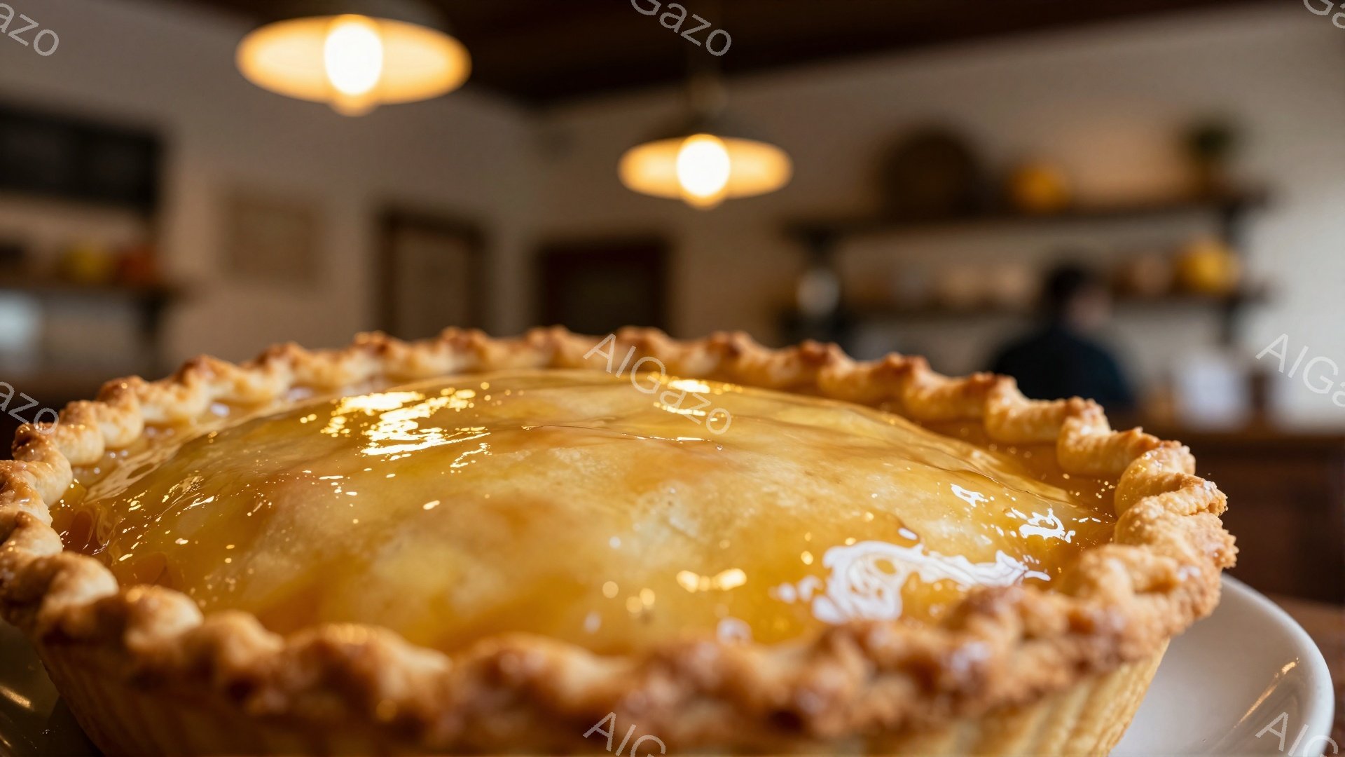 黄金色に輝くカスタードクリームをたっぷり乗せたパイが、画面いっぱいに大きく写っている。パイ生地は丁寧に編み込まれ、表面は艶やかな照りが美しい。背景はぼやけており、店内らしき暖色系の照明と家具が見える。