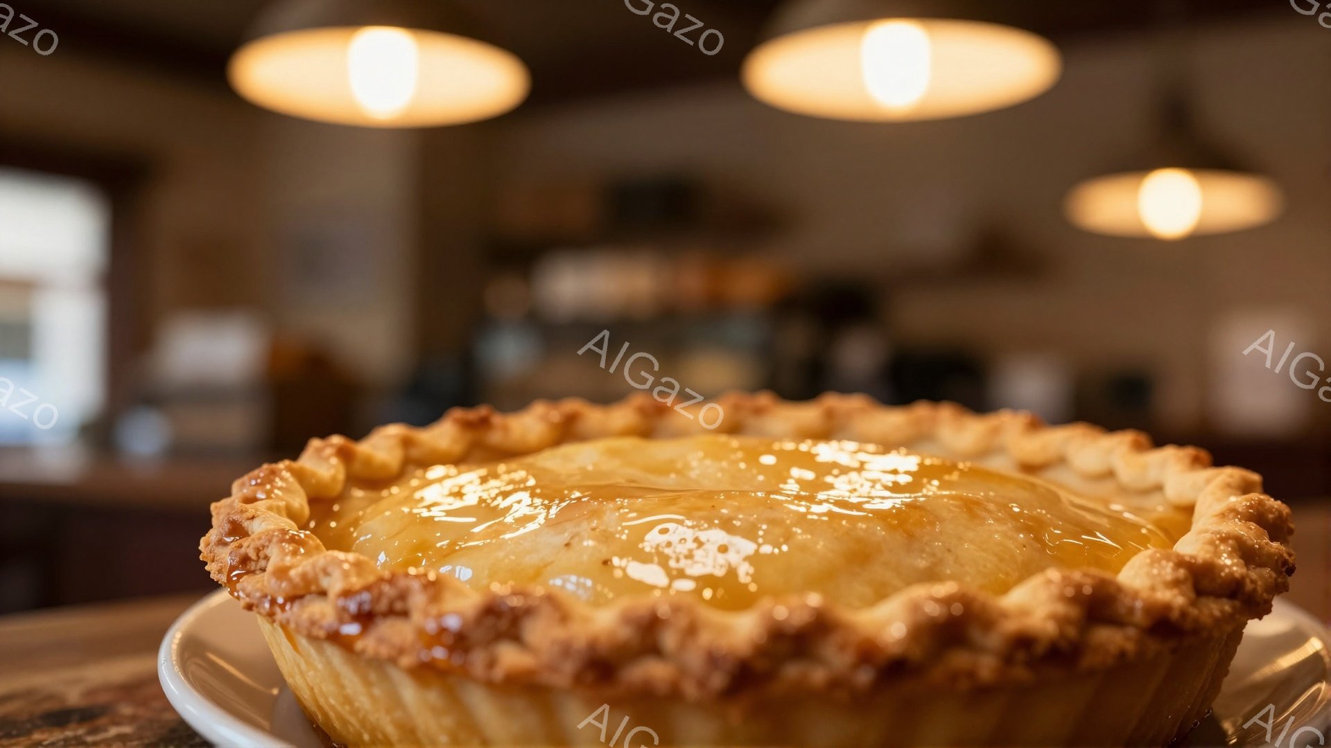 黄金色に輝く焼き立てのパイが、白い皿の上に堂々と鎮座している。パイの表面は艶やかな照りがあり、縁の部分は丁寧に波形にデザインされている。背景はぼやけており、暖色系の照明がパイを照らし出し、居心地の良い雰囲気を醸し出している。